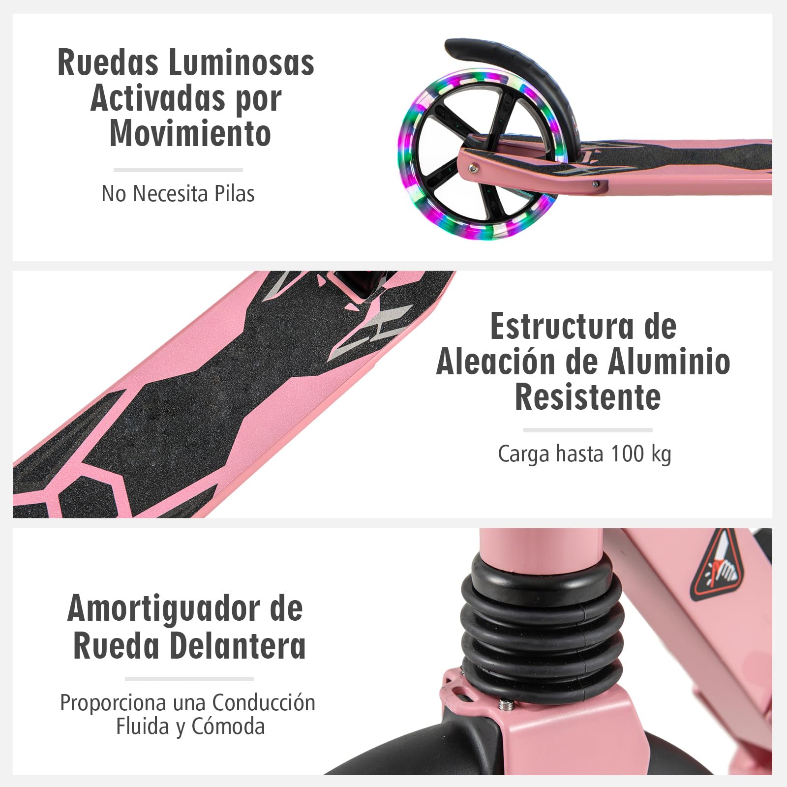 GYMAX Patinete con Luces LED, Monopatín Plegable con Manillar en T Ajustable en 3 Alturas, Sistema de Amortiguación, Patinete Infantil y Partir de 8 Años