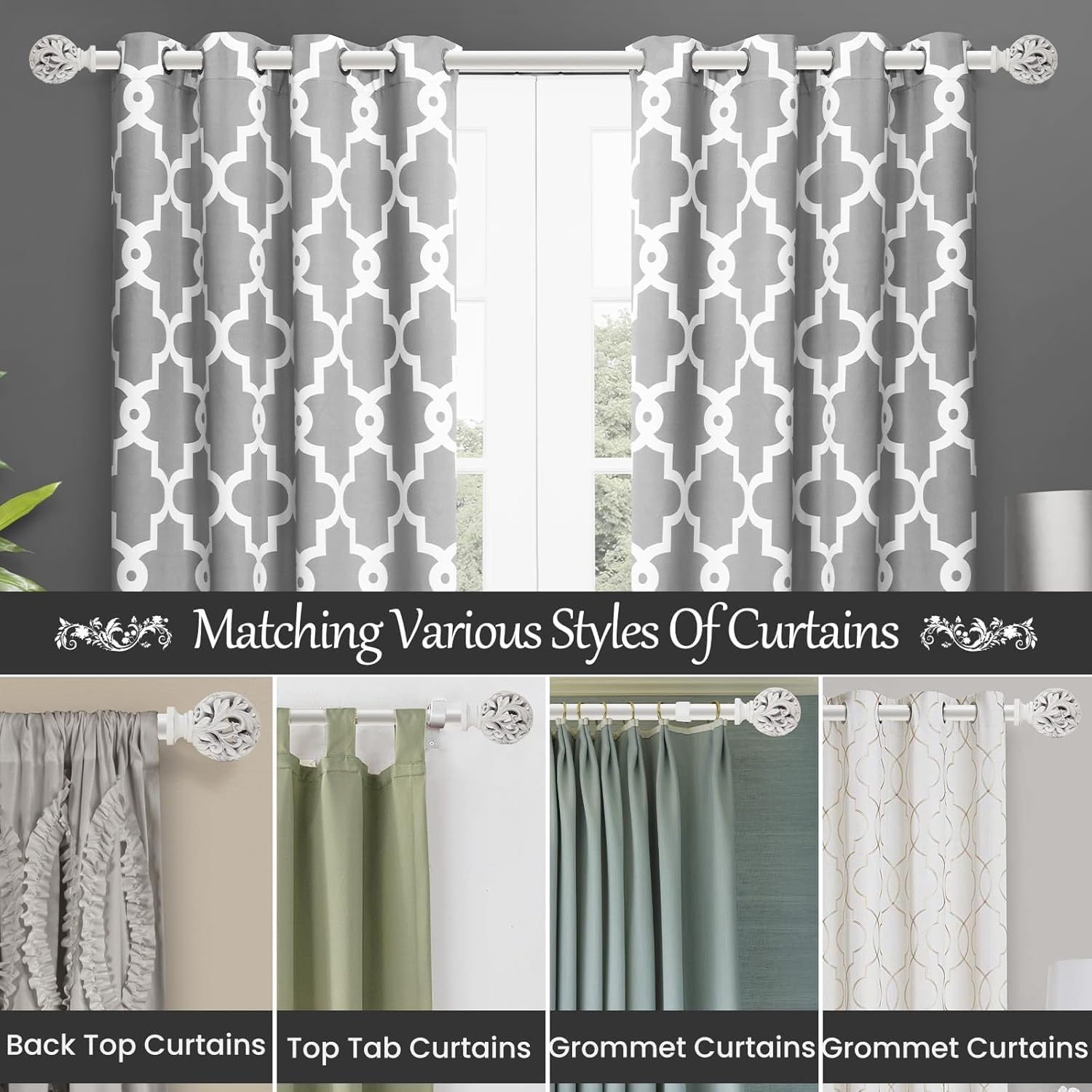 2 Pack Heavy Duty Curtain Rods 18 to 64 inches (1.5-5.3 ft)，1-Inch Diameter Adjustable Drapery Rod with Decorative Openwork Carved Leaf Finials, Weathered White Curtain Rods for Living Room & Bedroom