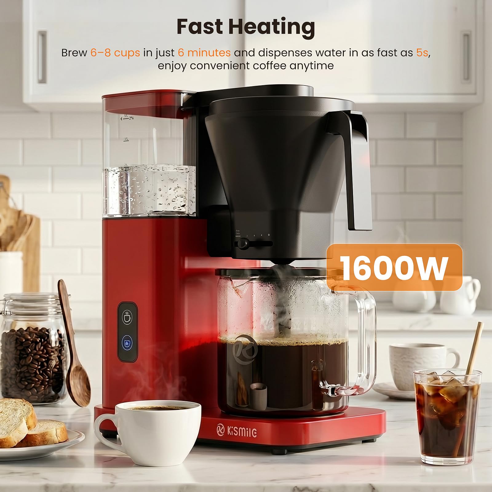 Kismile 8-Cup Coffee Maker, SCA Certified Hot & Cold Brew Coffee Machine, 6-Min Quick Brew, Magnetic Anti-Drip, Keep Warm/Auto-off, Dishwasher Safe, DIY Manual Mode, 44oz Removable Reservoir, Red