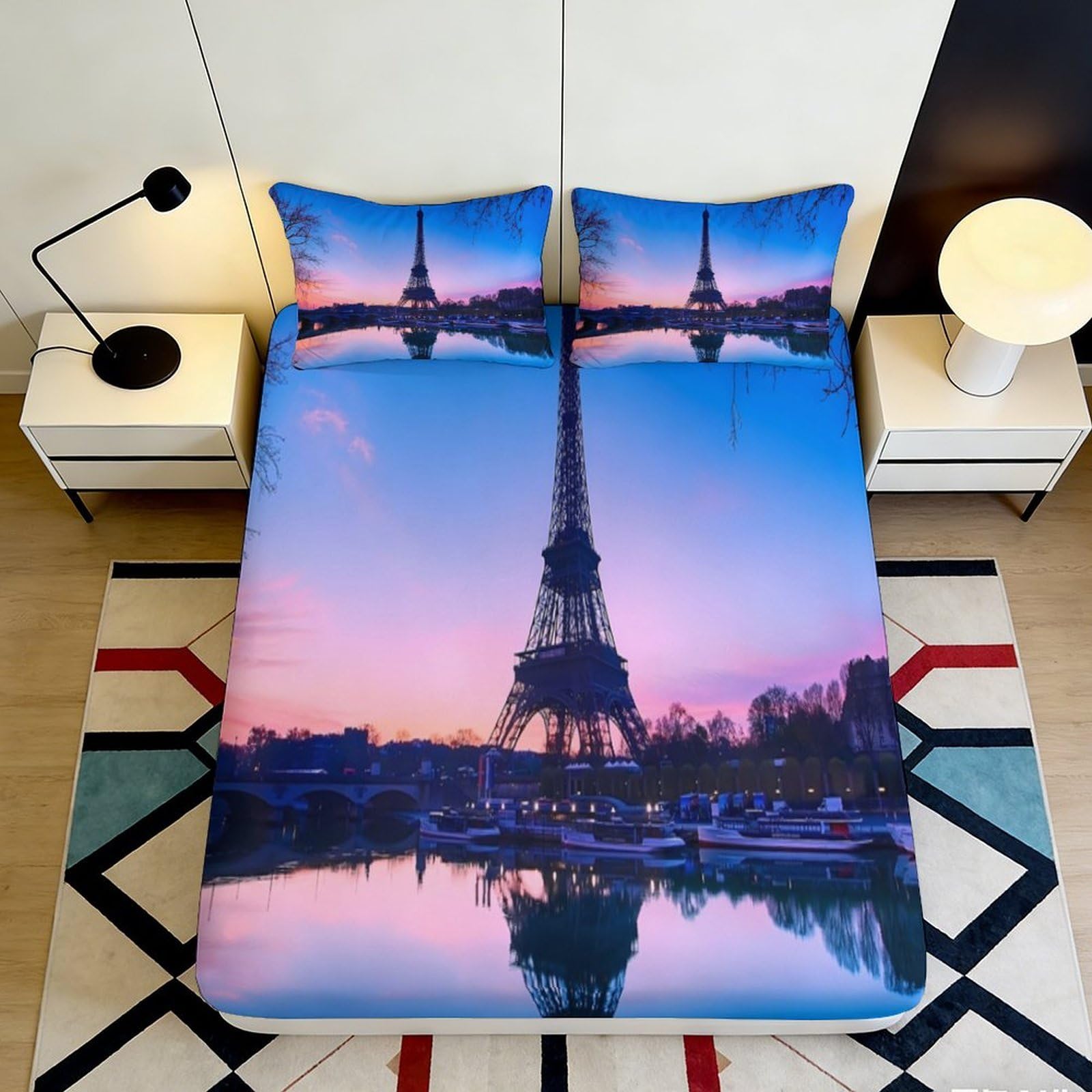 Jqzkxnhpbr Style-4 3D Printed Eiffel Tower Sunset Fitted Sheet Microfiber Soft Blue Pink Paris Mattress Cover Bedroom Decor 90X200x25cm