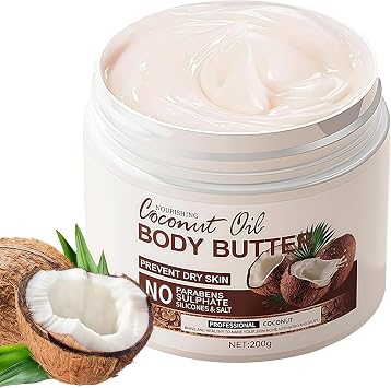 Coconut Body Butter 200g, Coconut Oil Body Cream for Dry Skin, Nourishing, Hydrating, Softens Skin