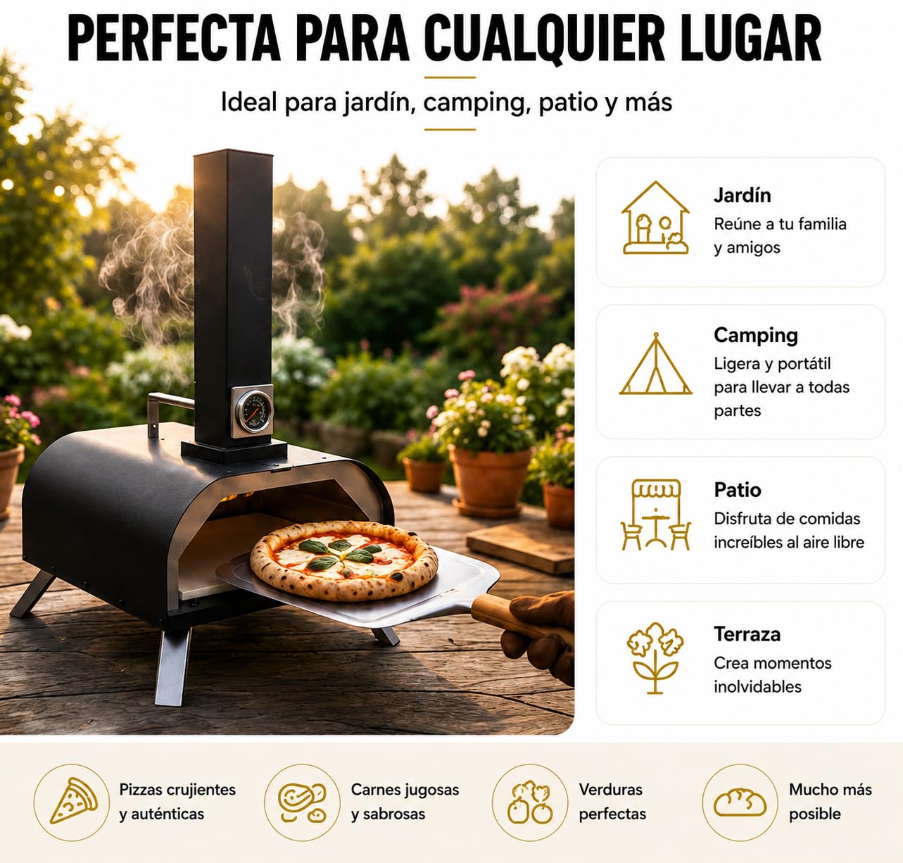Horno de Pizza Portátil de Exterior – Horno BBQ de Acero con Revestimiento Resistente al Calor, Piedra Refractaria Incluida, Termómetro Integrado, Puerta de Acero Inoxidable y Pala para Pizza