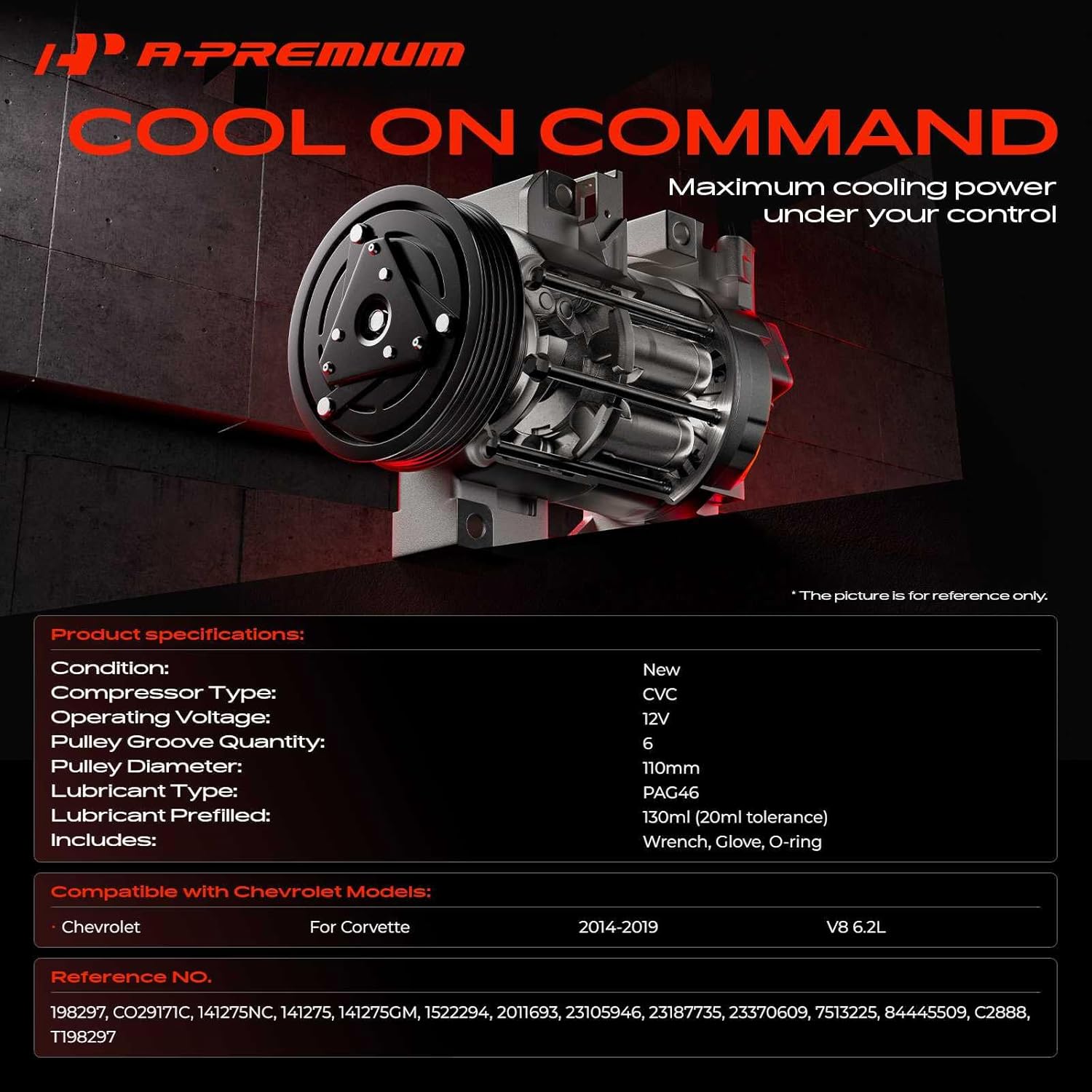 A-Premium Air Conditioner AC Compressor with Clutch Compatible with Chevrolet Corvette 2014-2019, 6.2L