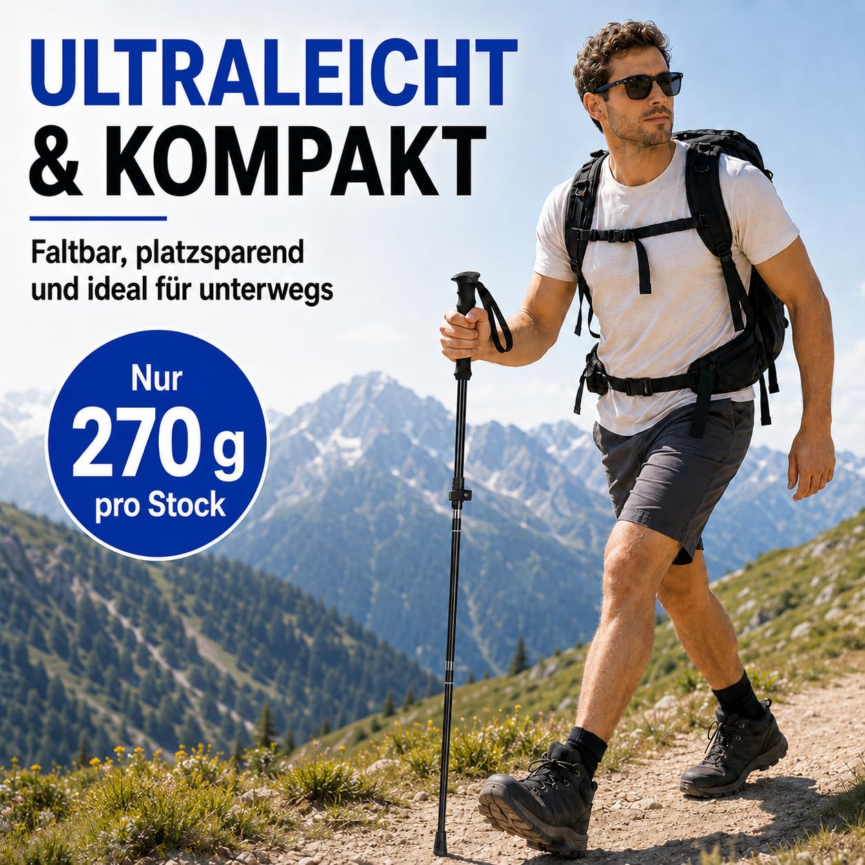 Wanderstöcke Faltbar, Nordic Walking stöcke Damen und Herren, Aluminium Trekkingstöcke Teleskop, Wanderstock Verstellbar 110cm-135cm, mit Gummipuffer und Tragebeutel Geeignet für Bergsteigen