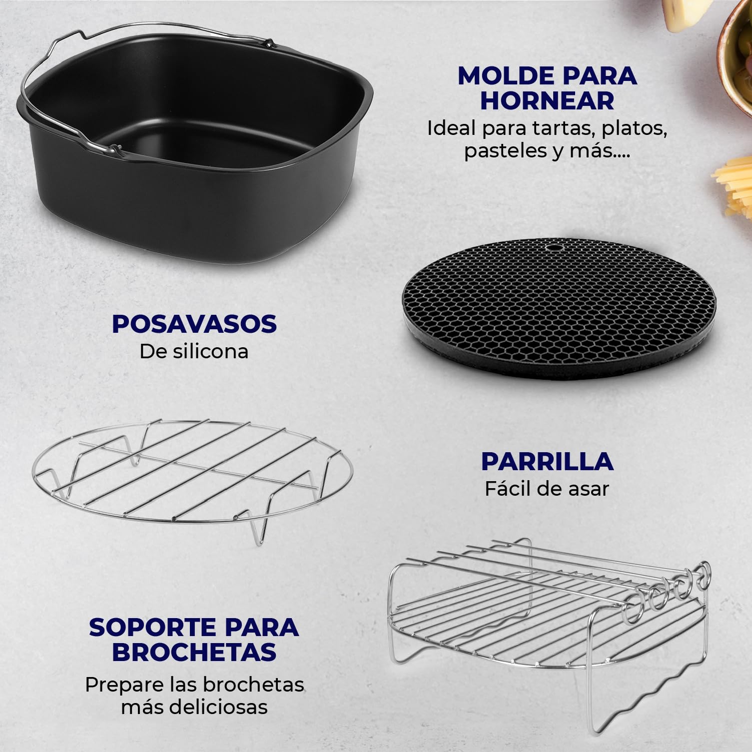 Accesorios Freidora de Aire – 19 piezas – Apto para freidora de aire XL y XXL, Philips, Cosori 5.5L, Ninja, Cecotec, Princess – Incluye molde de silicona y libro de recetas electrónico