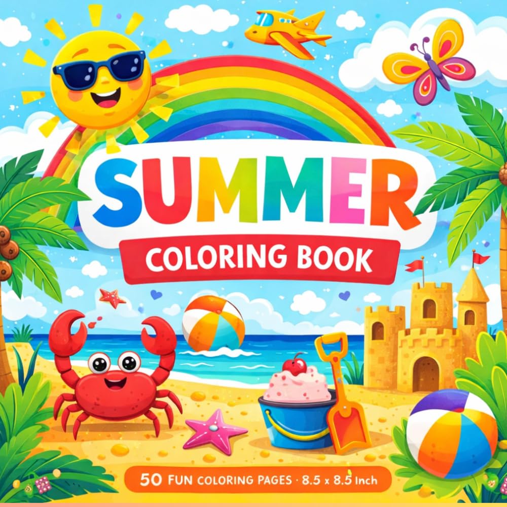 Summer Coloring Book for Kids Ages 4-8: Fun and Easy Summer-Themed Coloring Pages | Beach, Sun, Ice Cream, Animals and Vacation Activities | 50 Cute Designs