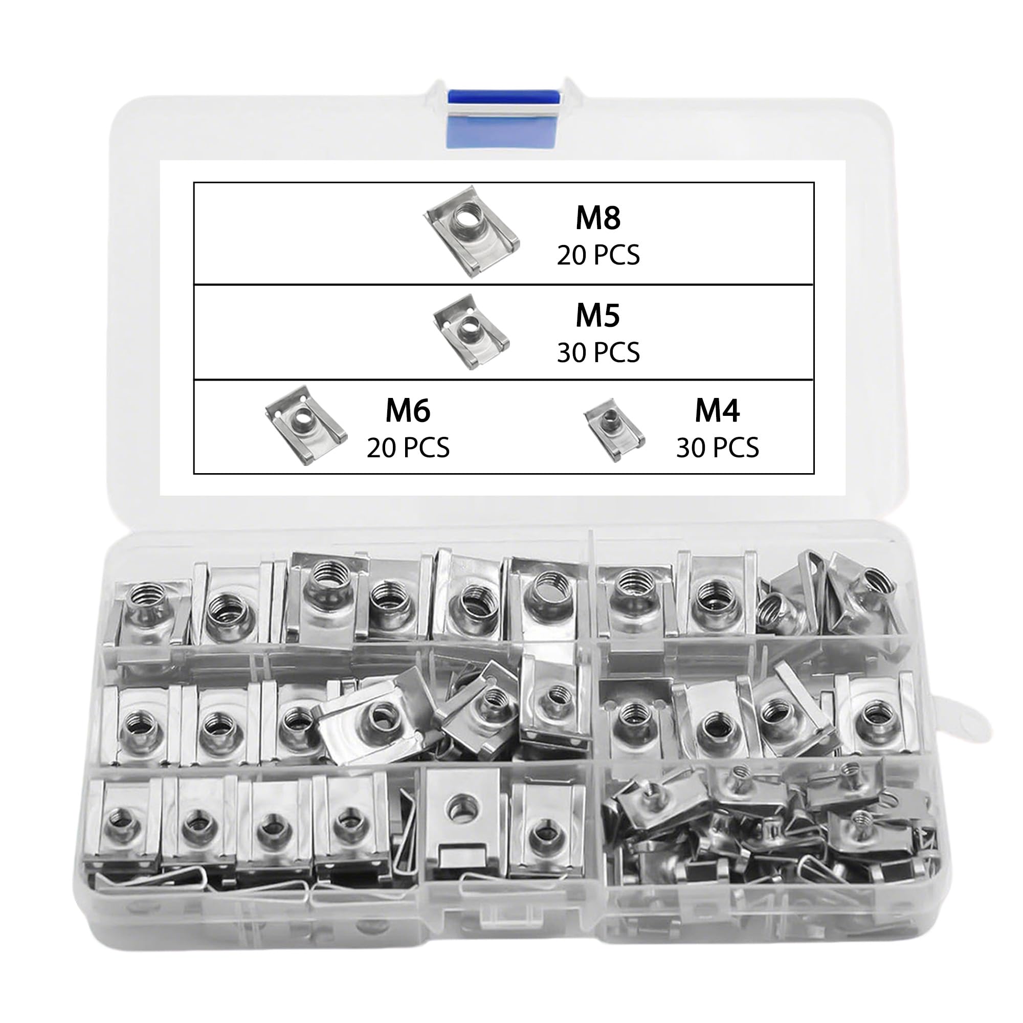 100 Stück Blechmutter Schraube Mutter Kit: U-Typ Blechmuttern Edelstahl M4 M5 M6 M8 mit Aufbewahrungsbox für reparieren in Türverkleidungen Dachverkleidungen
