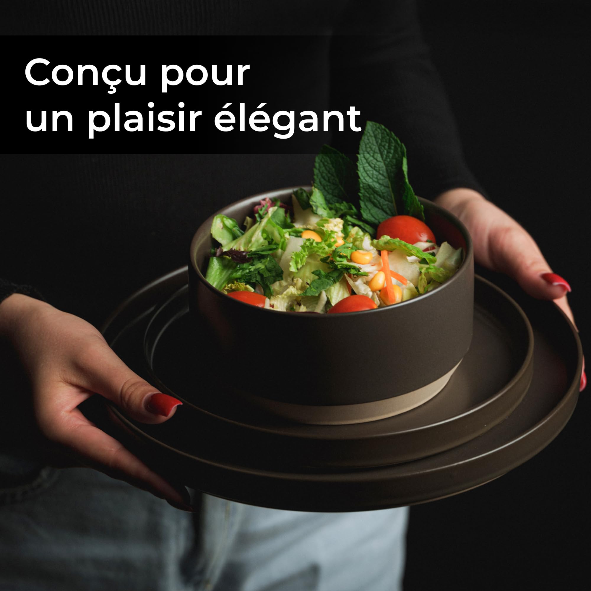 MIAMIO – Ensemble de 4 bols/Ensemble de bols en céramique (850 ml) pour pâtes, ramen, céréales, salade – Convient au lave-vaisselle et au micro-ondes – Collection Sierra (Noir, Bols (4x))