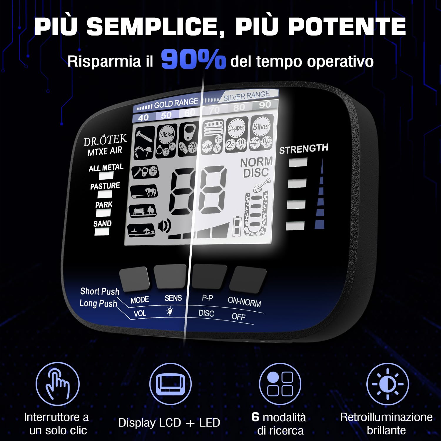 DR.ÖTEK Metal Detector Professionali per Adulti e Bambini, Impermeabile per Oro con Pinpoint e Terreno, Abbinamento Rapido, 6 Modalità, Alta Precisione, Leggero e Facile da Usare,Blu