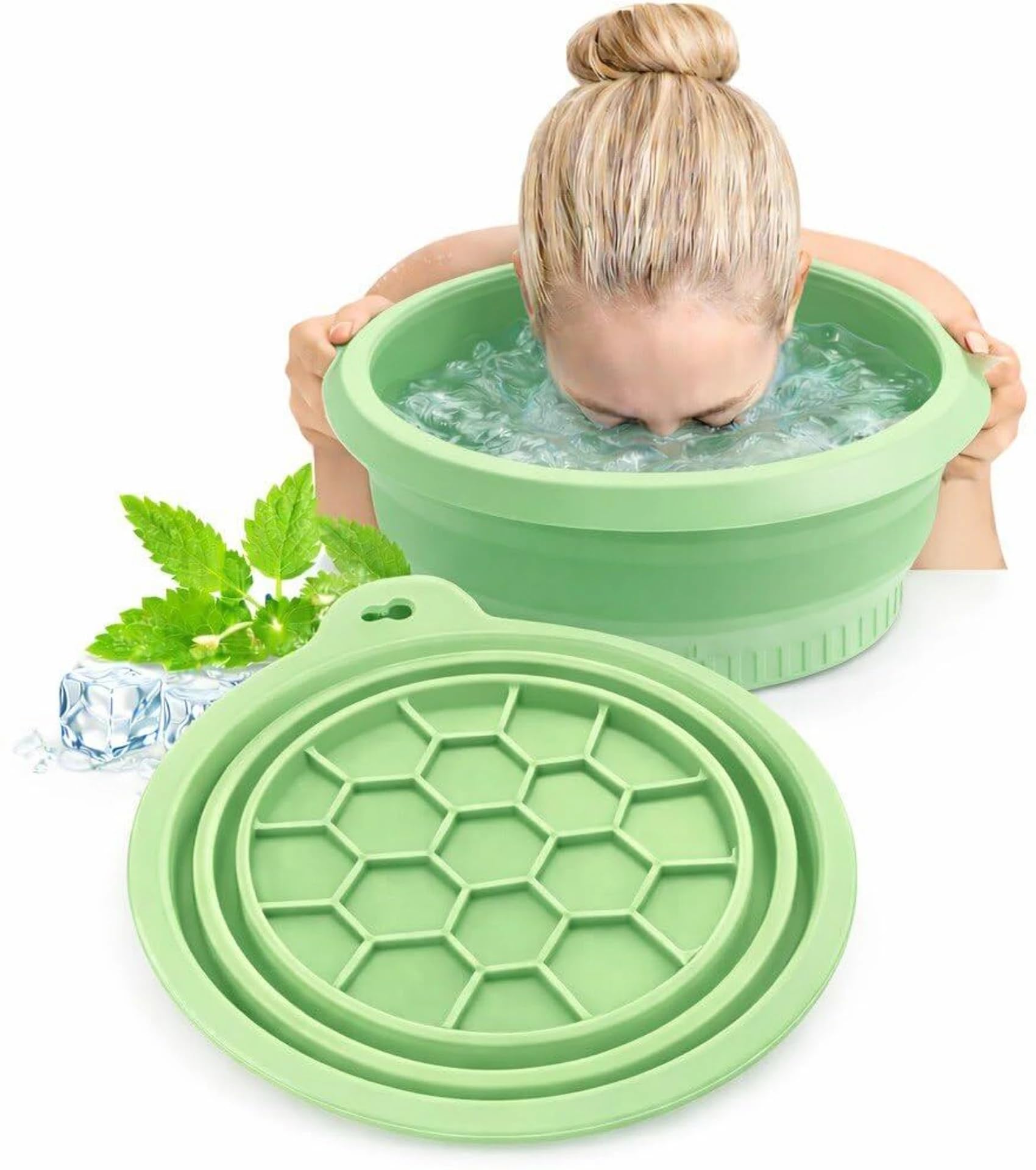 Silicone Collapsible Face Bowl with Built-in Ice Tray, Modern Style, Black, Round, Dishwasher Safe, for Face Bath, Soaking, Washing | BPA-Free | for Men and Women (GREEN)-image-48