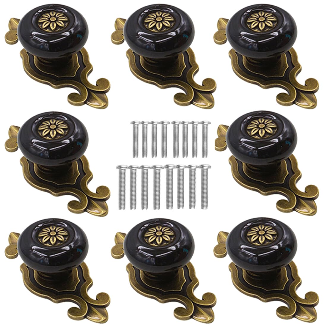 Kelier Retro Ceramic Cabinet Knobs, [8 Pack] Antique Vintage Dresser Knobs with Backplate, Drawer Pull Handles for Kitchen/Dresser Drawer/Cupboard/Wardrobe, Black