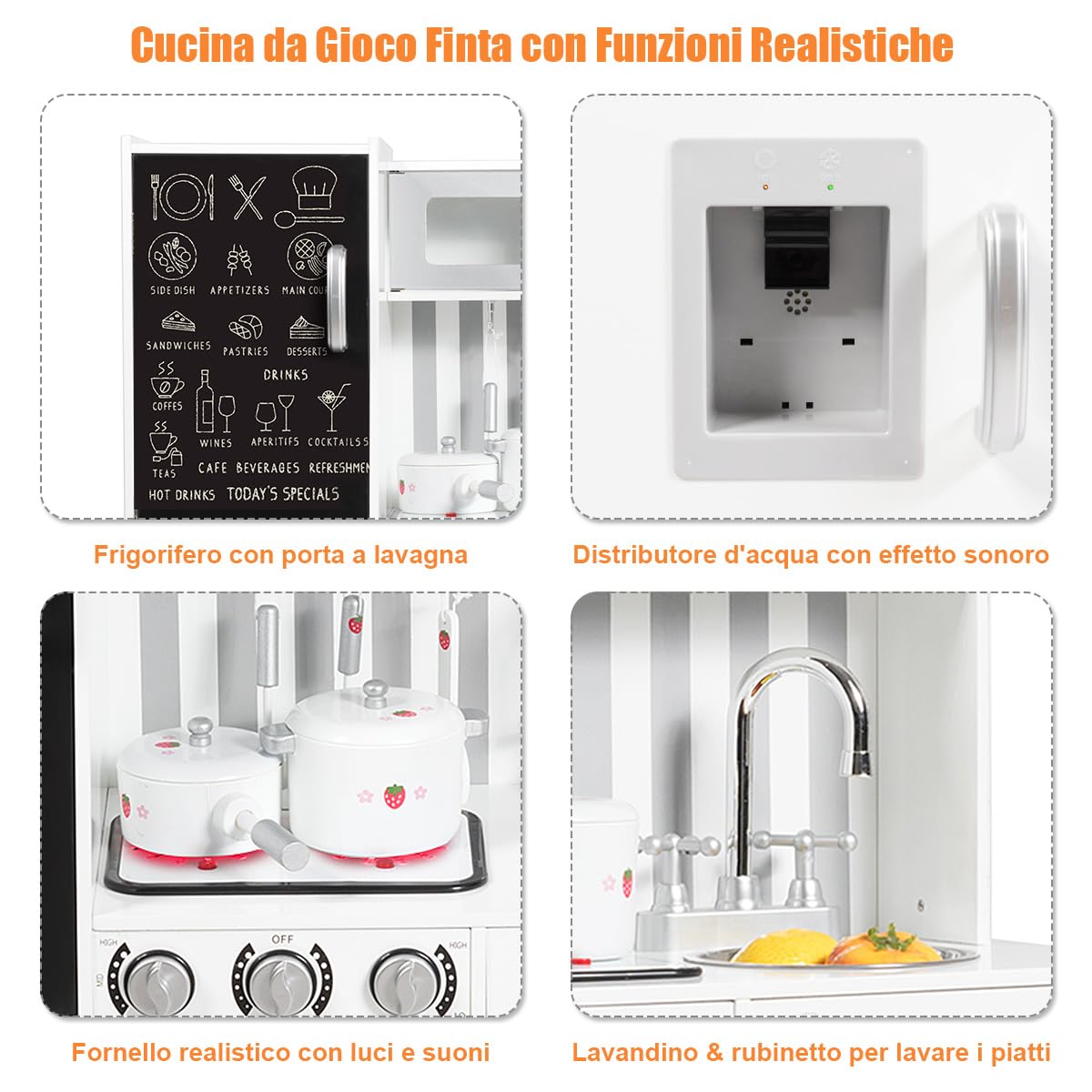 RELAX4LIFE Cucina Giocattolo in Legno per Bambini, Mini Cucina con Forno, Microonde e Frigorifero, Effetti Luminosi e Sonori, Natale/Compleanno/Feste