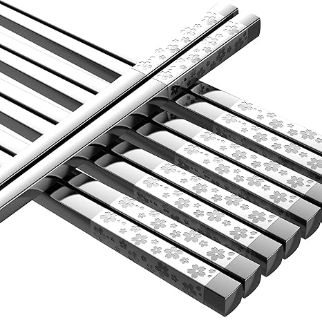 FOFAYU 5 Pairs Metal Chopsticks Reusable 18/8 stainless steel Chopsticks Japanese Style Dishwasher Safe Lightweight Non-Slip Chop Sticks 9 1/4 Inches Gift Set