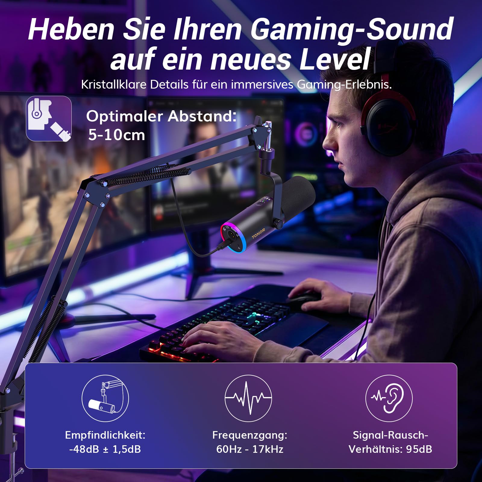 TONOR Dynamisches Gaming-Mikrofon, XLR/USB-Mikrofon für Streaming, AI-Geräuschunterdrückung, steuerbares RGB, Tap-Mute, 3,5-mm-Kopfhörerbuchse, Mikrofon mit Galgenarm, schwarz, TD510 AIR S+H