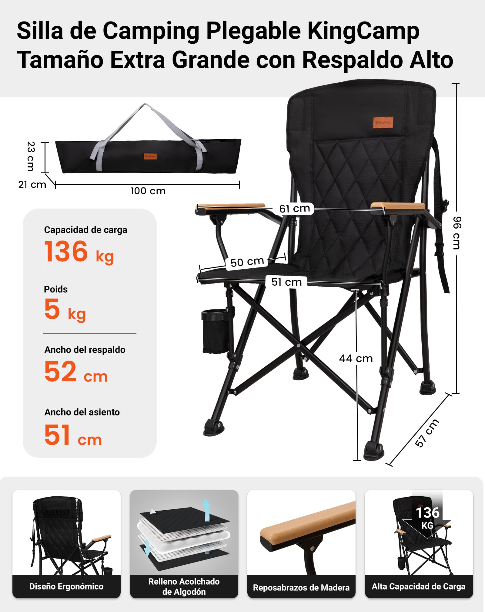 KingCamp Silla de Camping Plegable 136kg, Respaldo Alto, Acolchada | XXL Silla Plegable, con Brazos de Madera, Doble Acolchado, Portavasos, Bolsa de Transporte, para Camping, Jardín y Pesca.