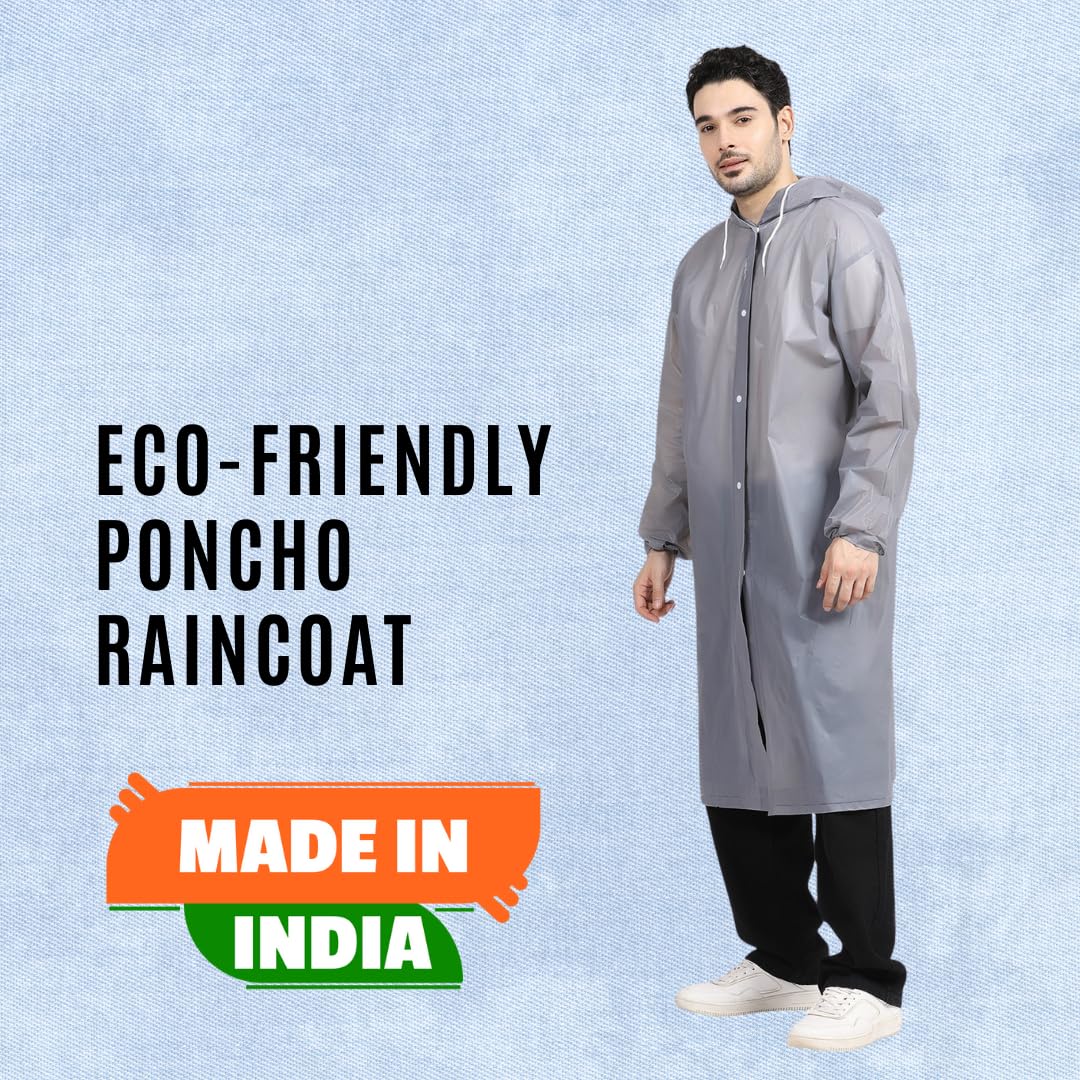 Citizen Eco-Friendly EVA Poncho Raincoat for Men & Women, Lightweight Waterproof Coat with Hood, Adjustable Drawstring, Button Closure & Easy Carry Pouch, Reusable & Durable Outdoor Rainwear-Grey - Image 2 thumbnail