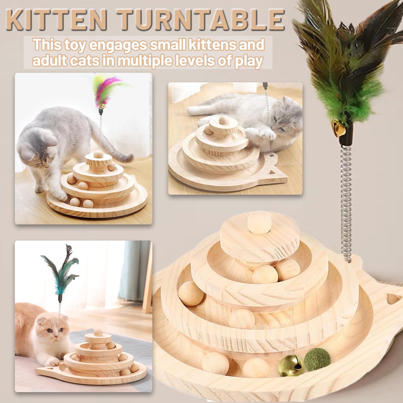 Juguetes Interactivos para Gatos Juguetes de Madera para Gatito Torre de 3 Pisos con Pista y 3 Tipos de Pelota con Diferentes Funciones, Palo de Gato Divertido, Base Antideslizante