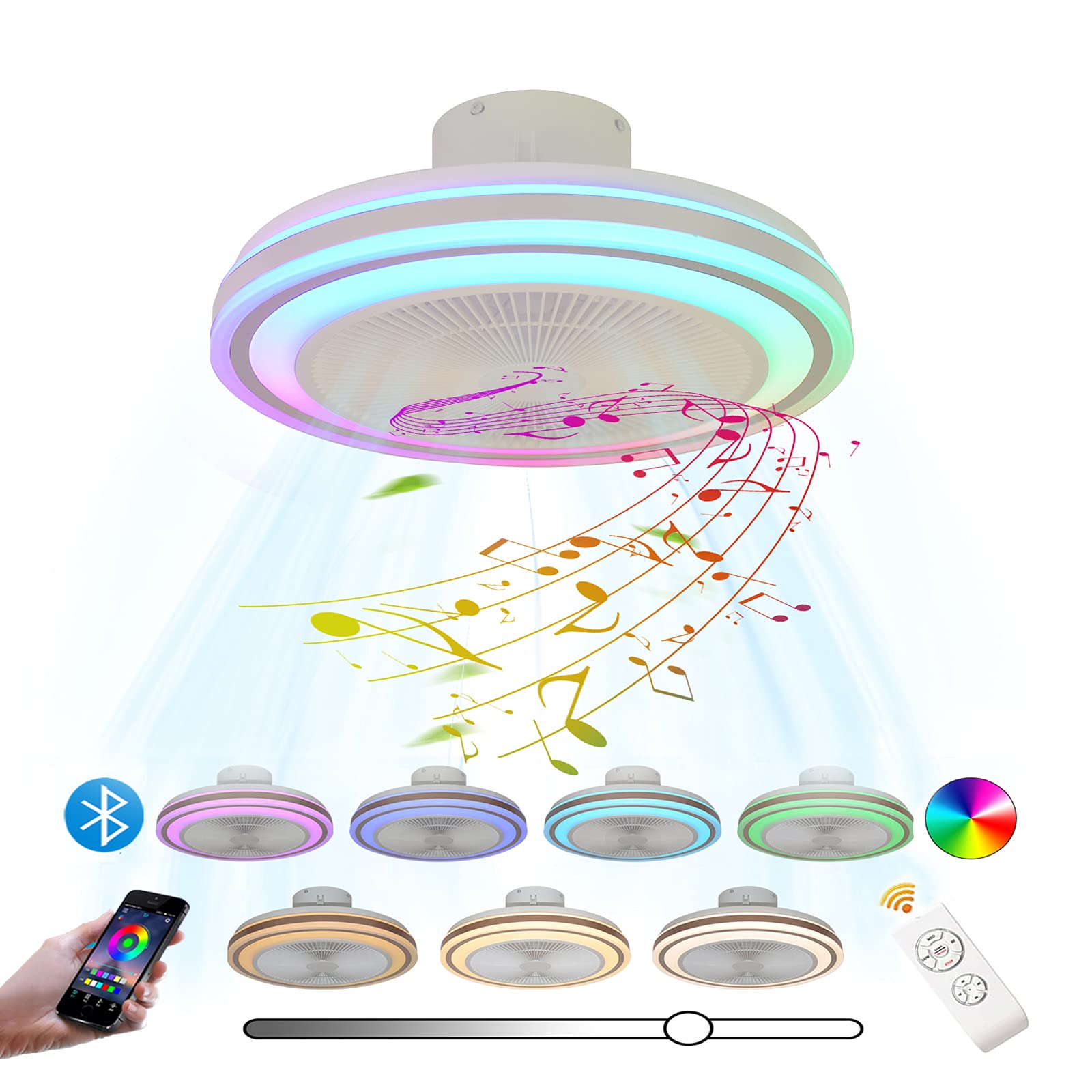 VOMI Plafoniera LED Con Ventilatore E Altoparlante Bluetooth – RGB, Telecomando E APP, 60W+36W, 46 Cm, Multicolore