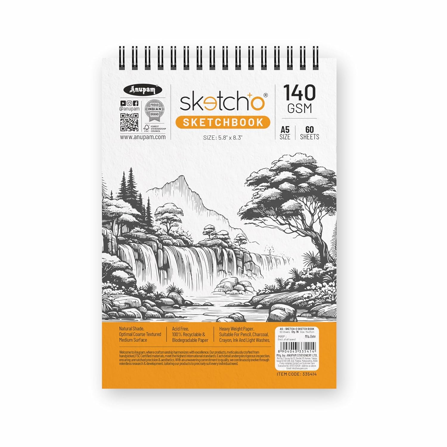 Anupam Sketch-O Sketchbook A5 | 50 Sheet 140GSM | Durable Acid Free Drawing Paper |Top Spiral-Bound Sketchpad for Artists Kids & Professionals for Marker Colored Pencil Charcoal (50 Sheets, Set of 1)