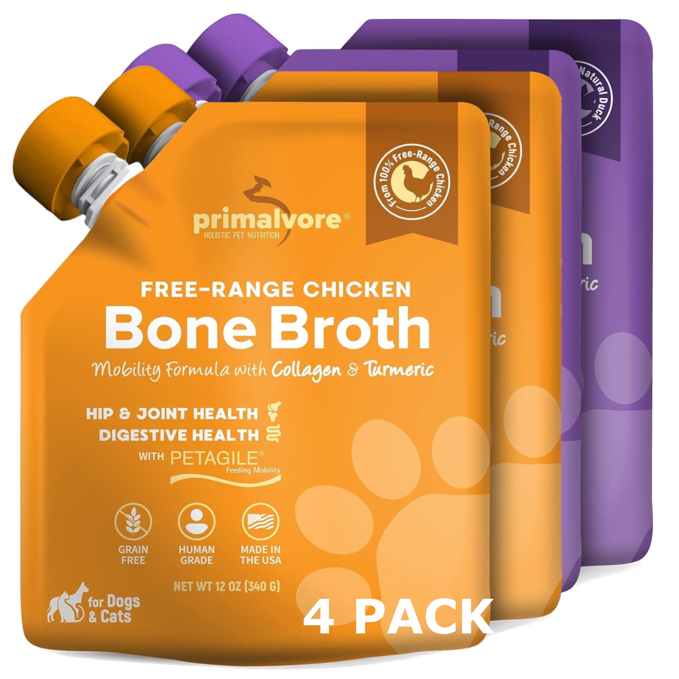PrimalvoreFree-Range Bone Broth for Dogs &Cats, Mobility Formula w/Collagen Peptides to Help Support Hip & Joints, Digestion, Skin & Coat and Hydration, Human Grade, Mix 4 Pack Chicken and Duck