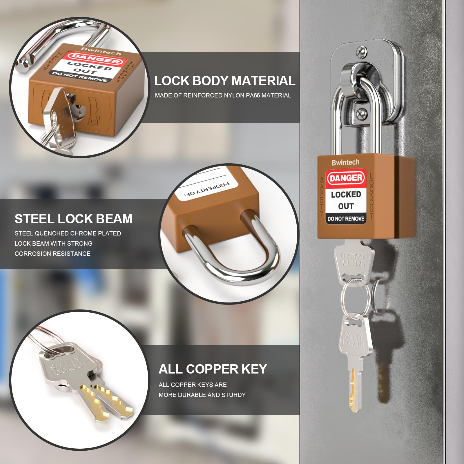 Bwintech 2 Pcs 38MM Keyed Different Brown Safety Padlock Lockout Tagout Lock for Lock Out Tag Out Stations and Devices - Image 3