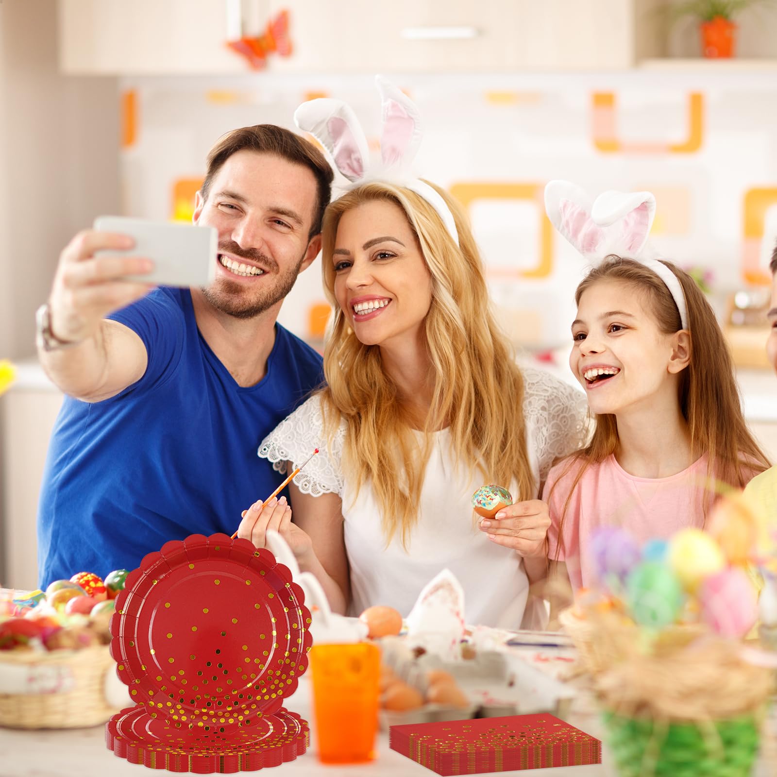 Juego de 50 platos y servilletas de papel rojo – Platos desechables de fiesta de lunares rojos y dorados, vajilla para decoración de cumpleaños, Navidad, compromiso y bodas
