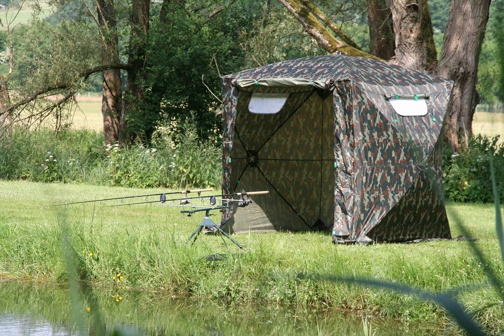 Angelzelt 2 Mann, Karpfenzelt, Wetterschutzzelt ohne Boden, Camouflage, in 30 Sekunden allein auf- und abgebaut, vom Deutschen Hersteller mit über 10 Jahren Erfahrung!