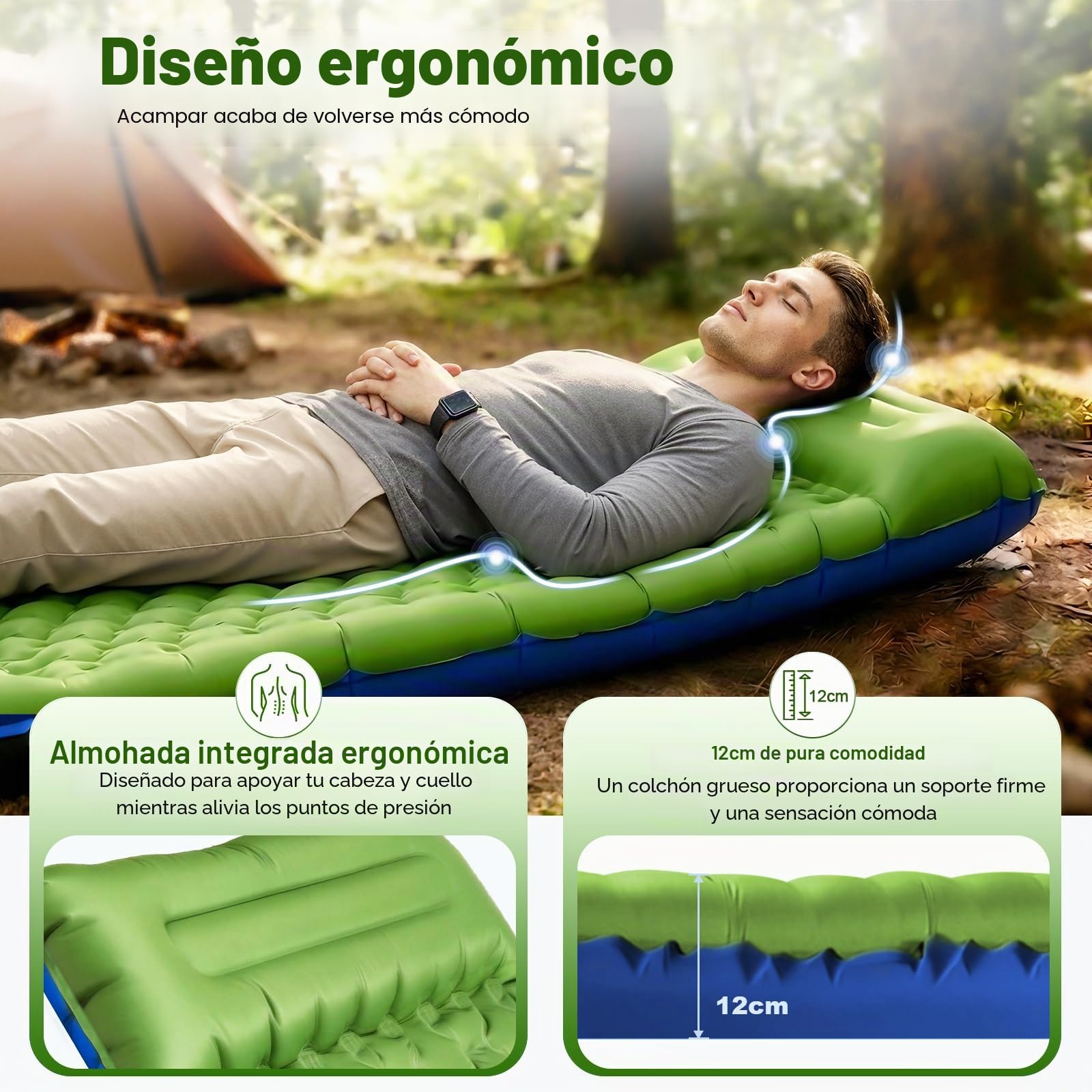 JATEKA Colchoneta Autoinflable XL para Camping, Individual con Correas, Verde y Azul, Colchón Ligero para Senderismo