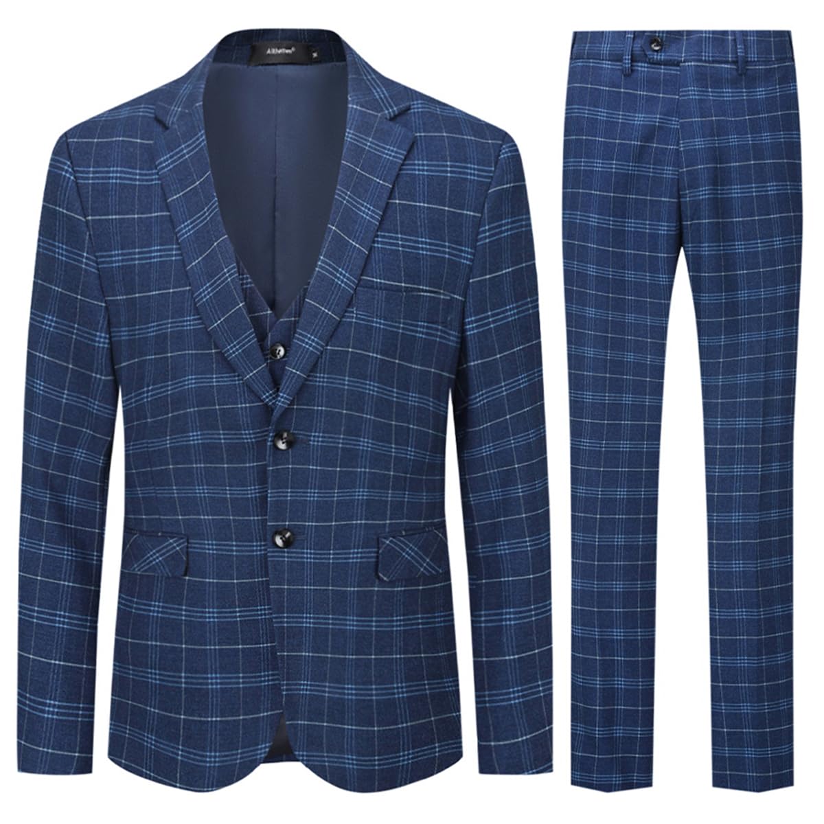 Allthemen Dres męski, garnitur w kratkę, slim fit, 3-częściowy, marynarka, biznesowa, na wesele