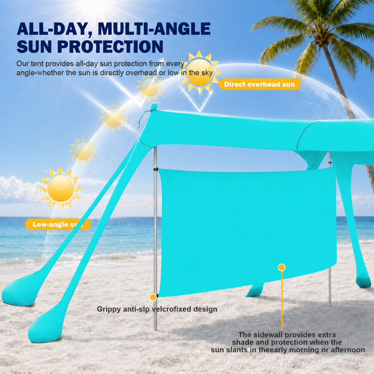 3.1x3.1m Tenda da Spiaggia Ultra Stabile Portatile con Pareti Laterali, Protezione UV UPF50+ Tenda da Mare Super Antivento con 8 Ancoraggi a Sabbia Riempibili e 4 Aste in Alluminio, Turchese