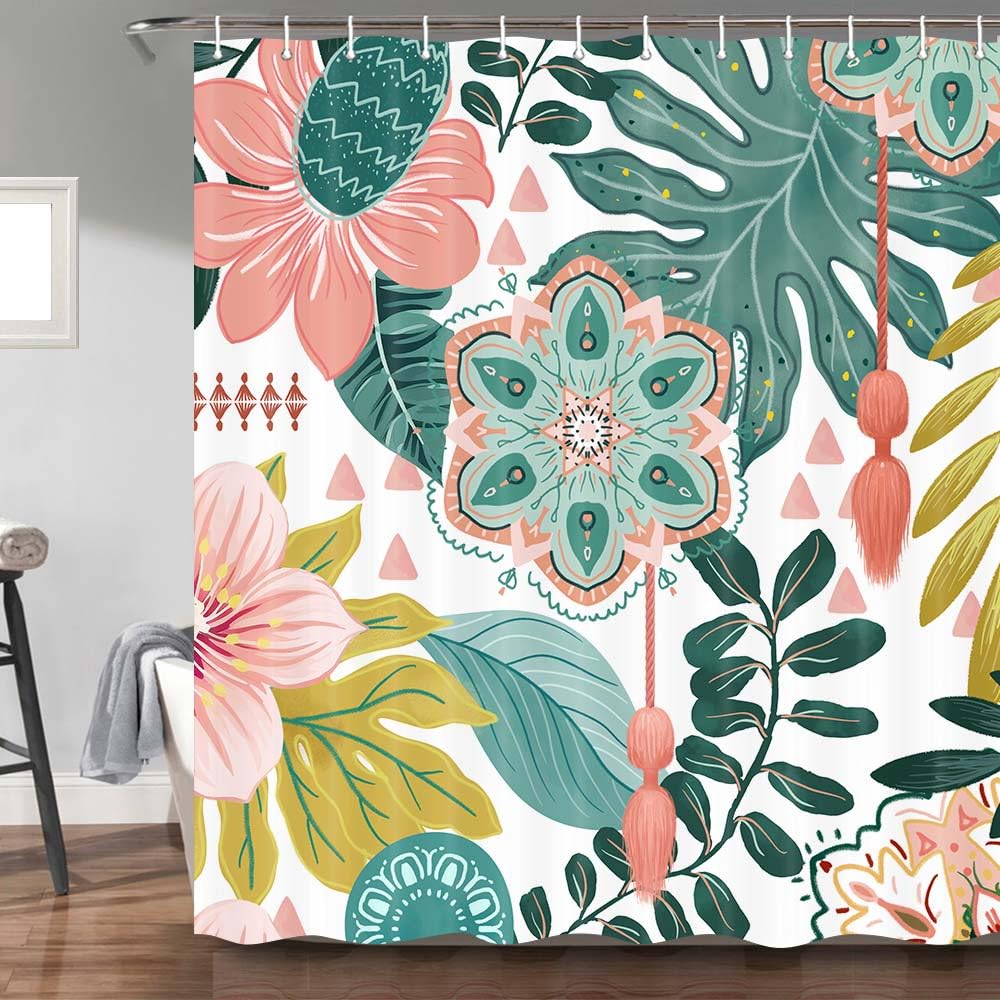 Torich Abstract Boho Floral Botanical Shower Curtain, Bohemian Mid Century Morden Teal Decor Bathroom Curtains, Waterproof Fabric Shower Curtains Set