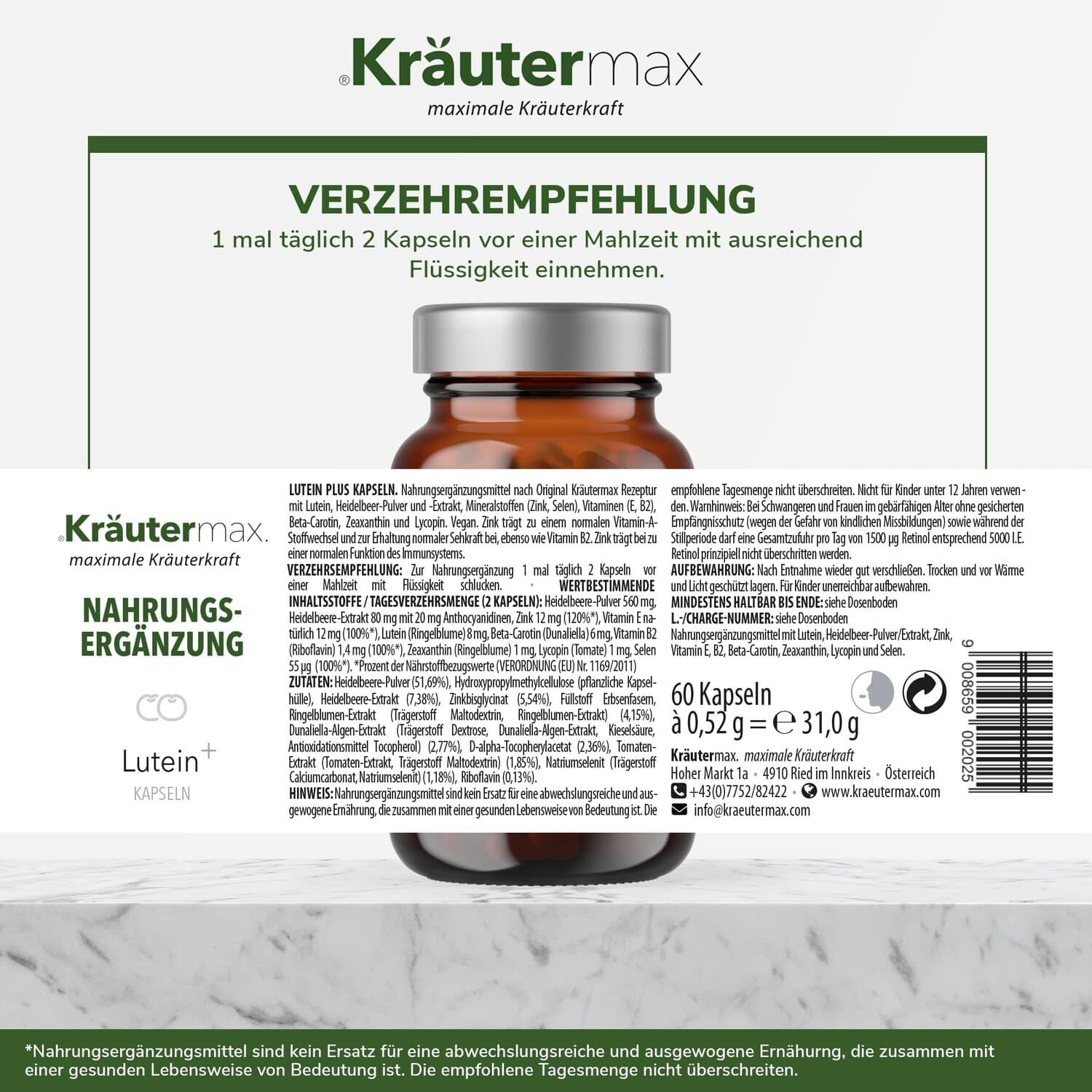 Lutein Augen Kapseln Complex Nahrungsergänzung Vegan mit Zeaxanthin 1 x 60 Stück