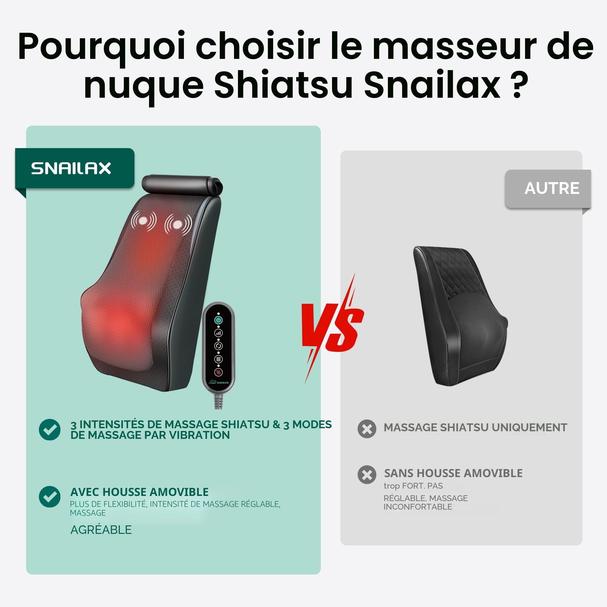 Snailax Masseur de Dos Shiatsu avec Chaleur, Coussin de Massage 3D à 8 Nœuds pour Nuque, Épaules, Dos et Jambes, 3 Niveaux de Chauffage, Maison Bureau Voiture, Cadeau Femme Homme Maman Papa