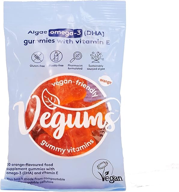 Vegums Fish-Free Omega-3 for Kids and Adults | 30 Orange-Flavoured Food Supplement Gummies with Omega-3 (DHA) Sourced from Marine Algae & Vitamin E | Suitable for Vegans and Vegetarians