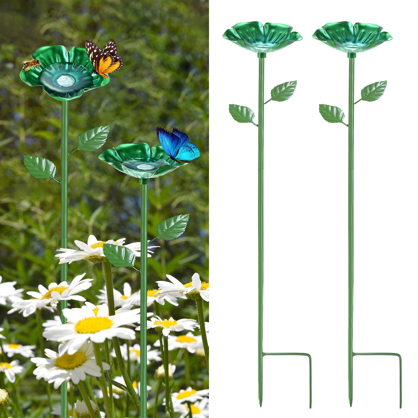 M METERXITY 2-Pack Bee Watering Stations, 64cm/25 Inch Iron Bee Bath for Garden Water Feeder, Colorful Butterfly Bath Bowl for Outdoor/Garden/Yard Decor [Green]