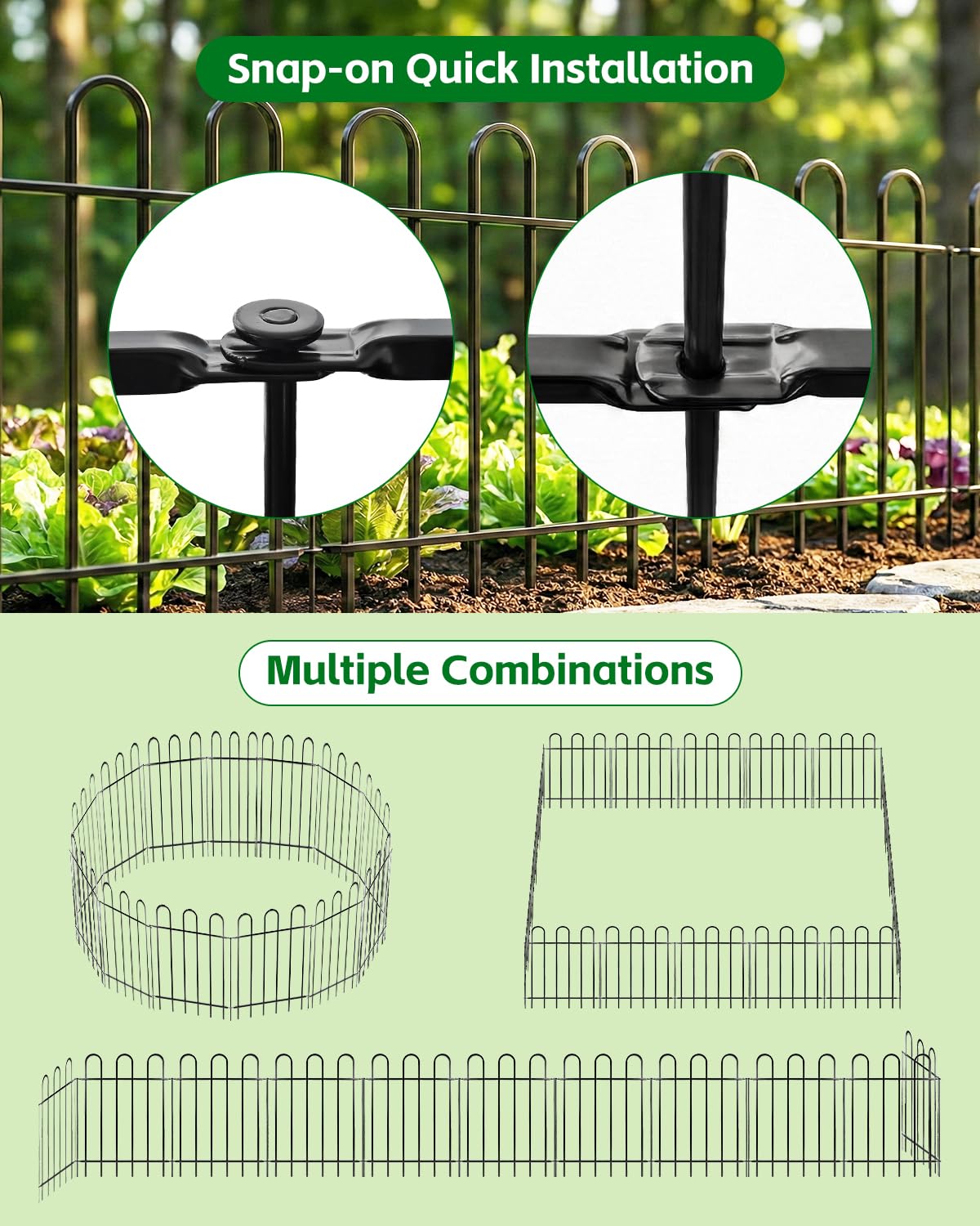 ARIFARO Gartenzaun Metall 5er Set, 61 cm hoch, 2,8 m Gesamtlänge, dekorativer Steckzaun für Blumenbeet, Rasen und Wege, Beeteinfassung und kleiner Beetzaun für Garten, Vorgarten und Terrasse, Schwarz