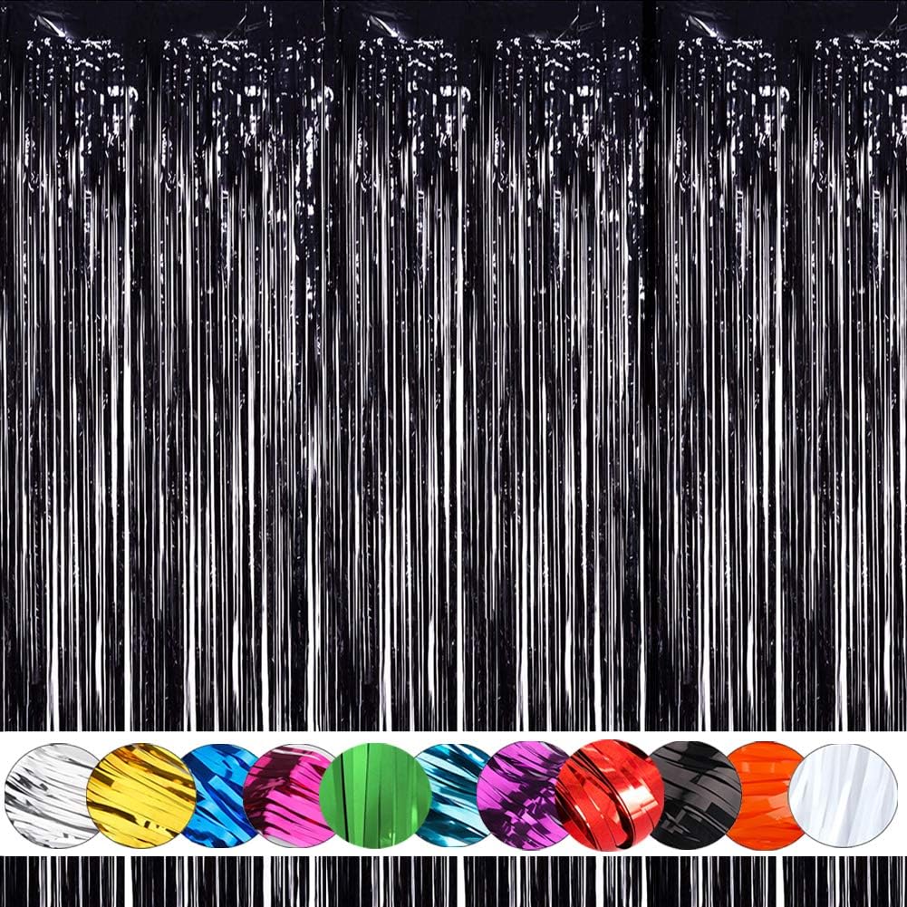 Deruicc 4 Pack Black Foil Curtains 3ft x 8ft Tinsel Fringe Curtains Shimmer Curtain Birthday Wedding Party Christmas Photo Booth Backdrop Decorations