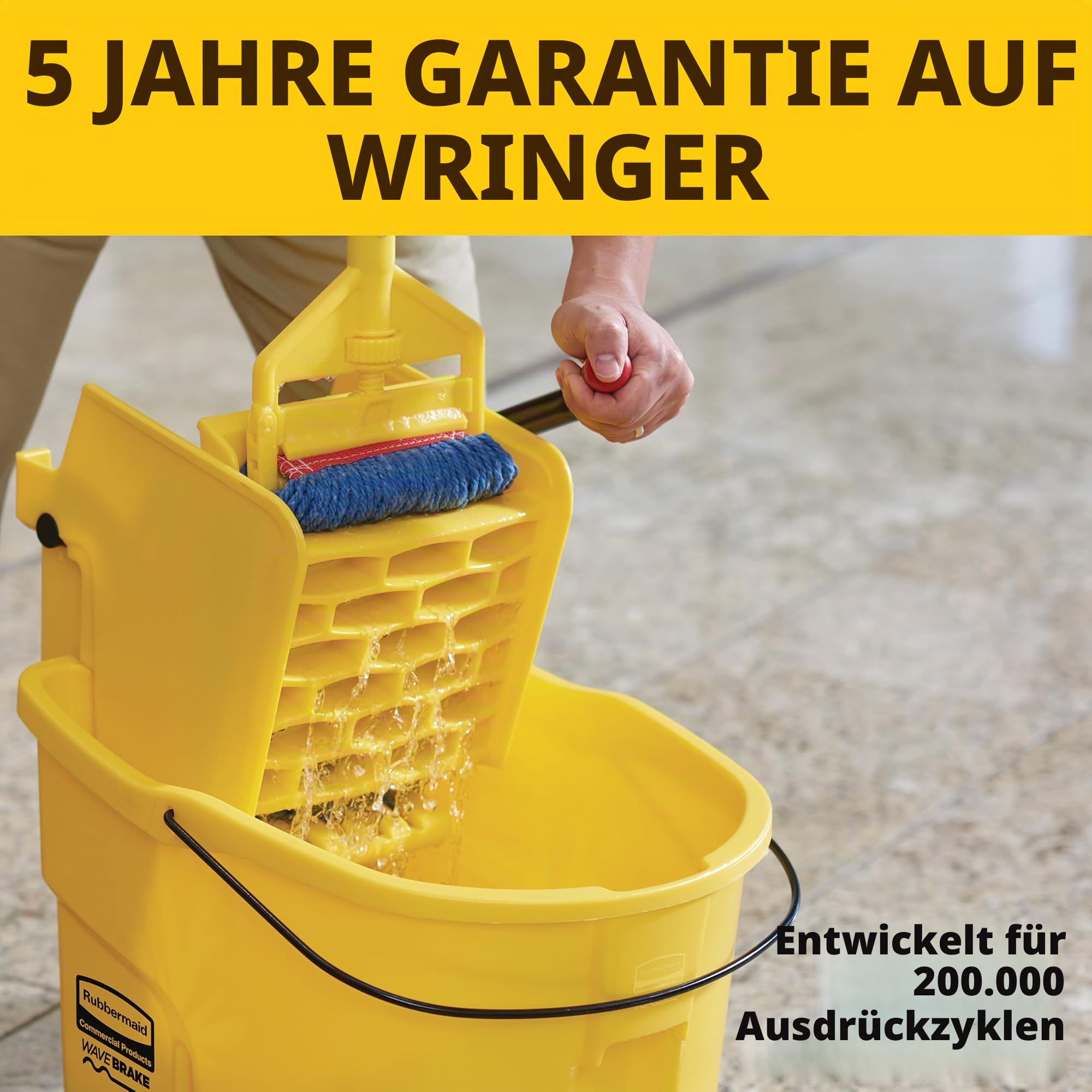 Rubbermaid Commercial Products WaveBrake Wischeimer mit Seitenpresse | Reinigungseimer mit Rollen für professionelle Bodenreinigung | 33 l, Gelb
