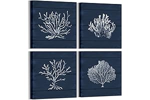 HOMEOART Coral Canvas Wall Art Prints: Coastal Artwork Adorned on Navy Blue...