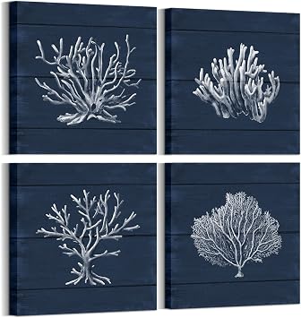 HOMEOART Coral Canvas Wall Art Prints Ocean Navy Blue Coastal Artwork Beach Home Decor Picture Framed Ready to Hang 12"x12"x4 Pieces