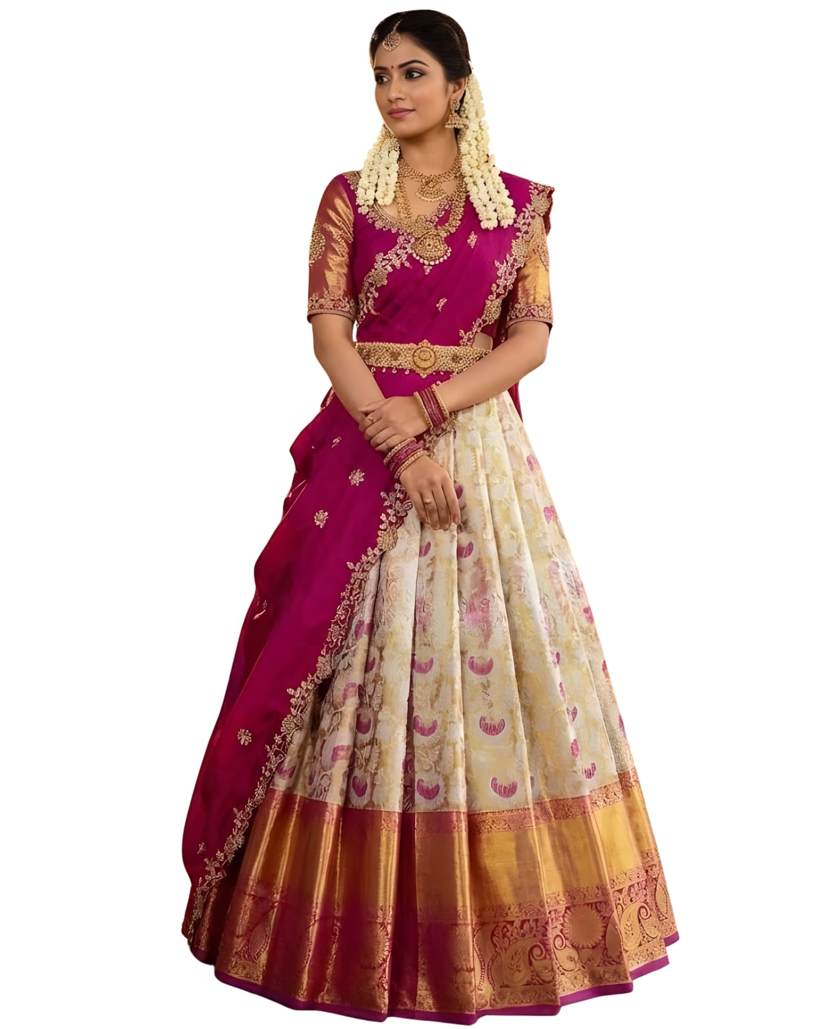 South Indian Traditional Jacquard Half & Half Saree for Women Unstitched Narayanpet Langa Voni Lehenga Style Half Saree Woven South Indian Wedding Ethnic Wear