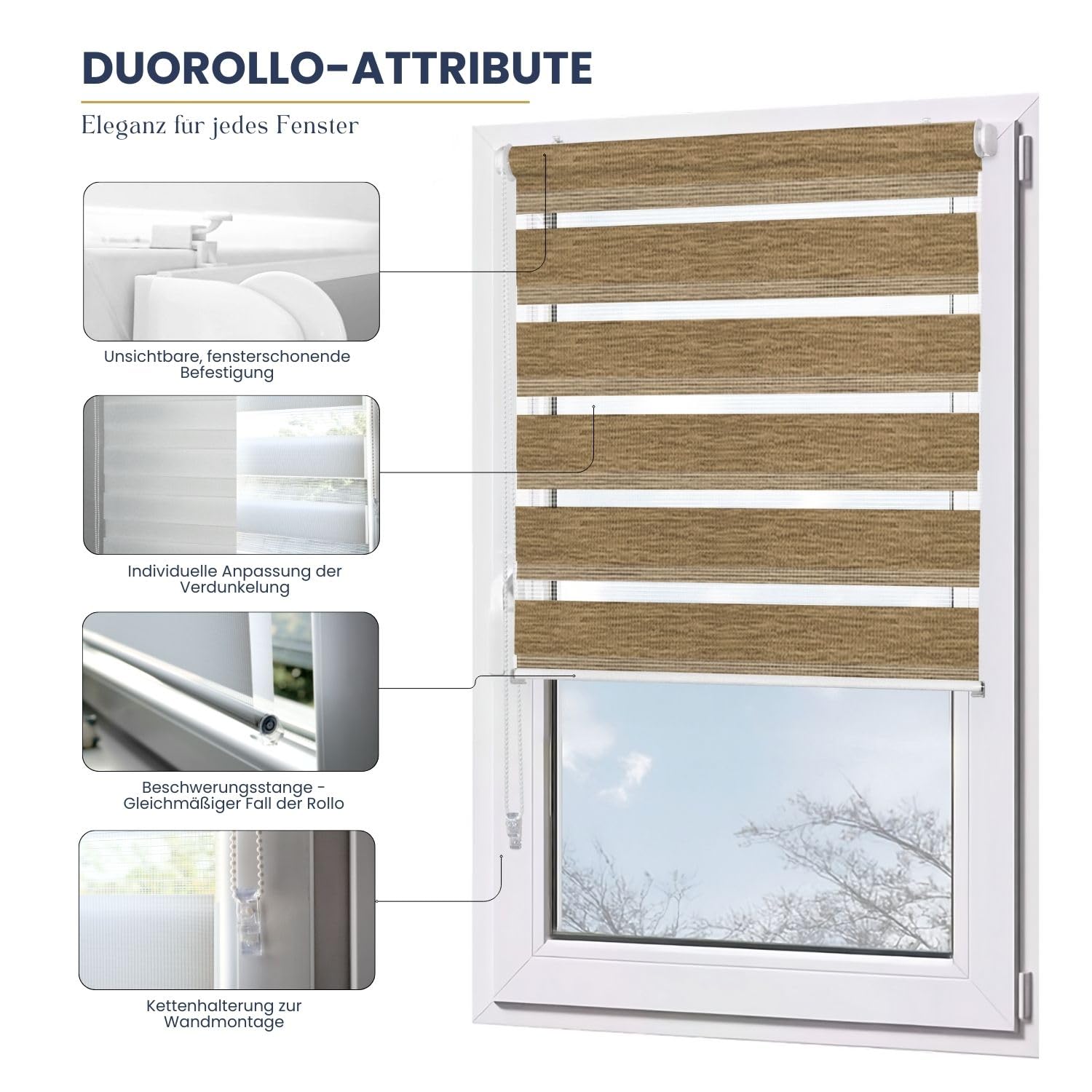 Rollmayer Doppelrollo Klemmfix ohne Bohren Klemmrollo Fensterrollo (Holzlook Gold 120 x 130 cm BxH) Duo Rollo Sonnenschutzrollo Zebrarollo Seitenzugrollo für Fenster und Tür