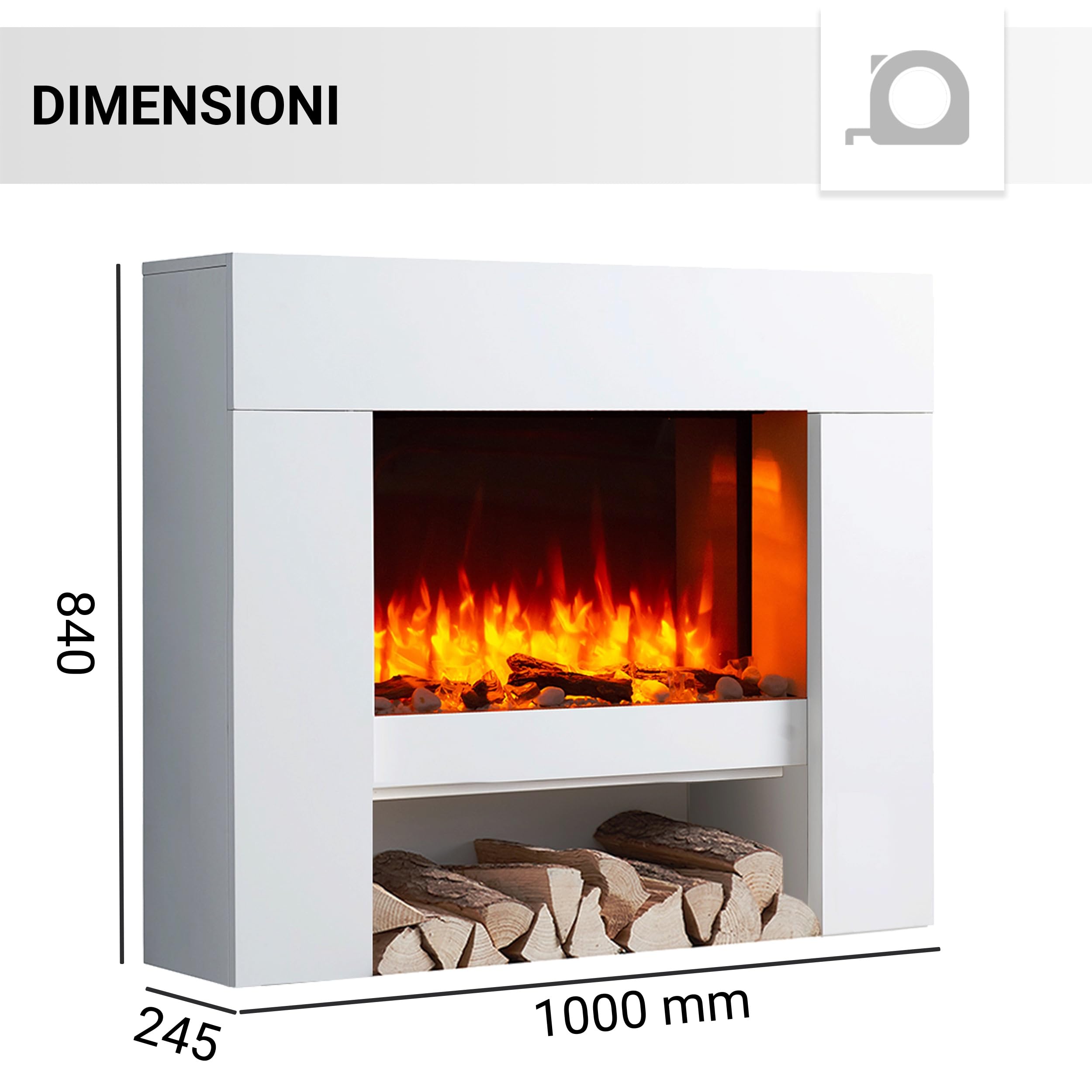 RICHEN camino elettrico da terra Naran | Caminetto da pavimento con vano decorativo | Riscaldamento elettrico 2000 W| Effetto fiamma 3D | Focolare con telecomando, timer, termostato | Bianco