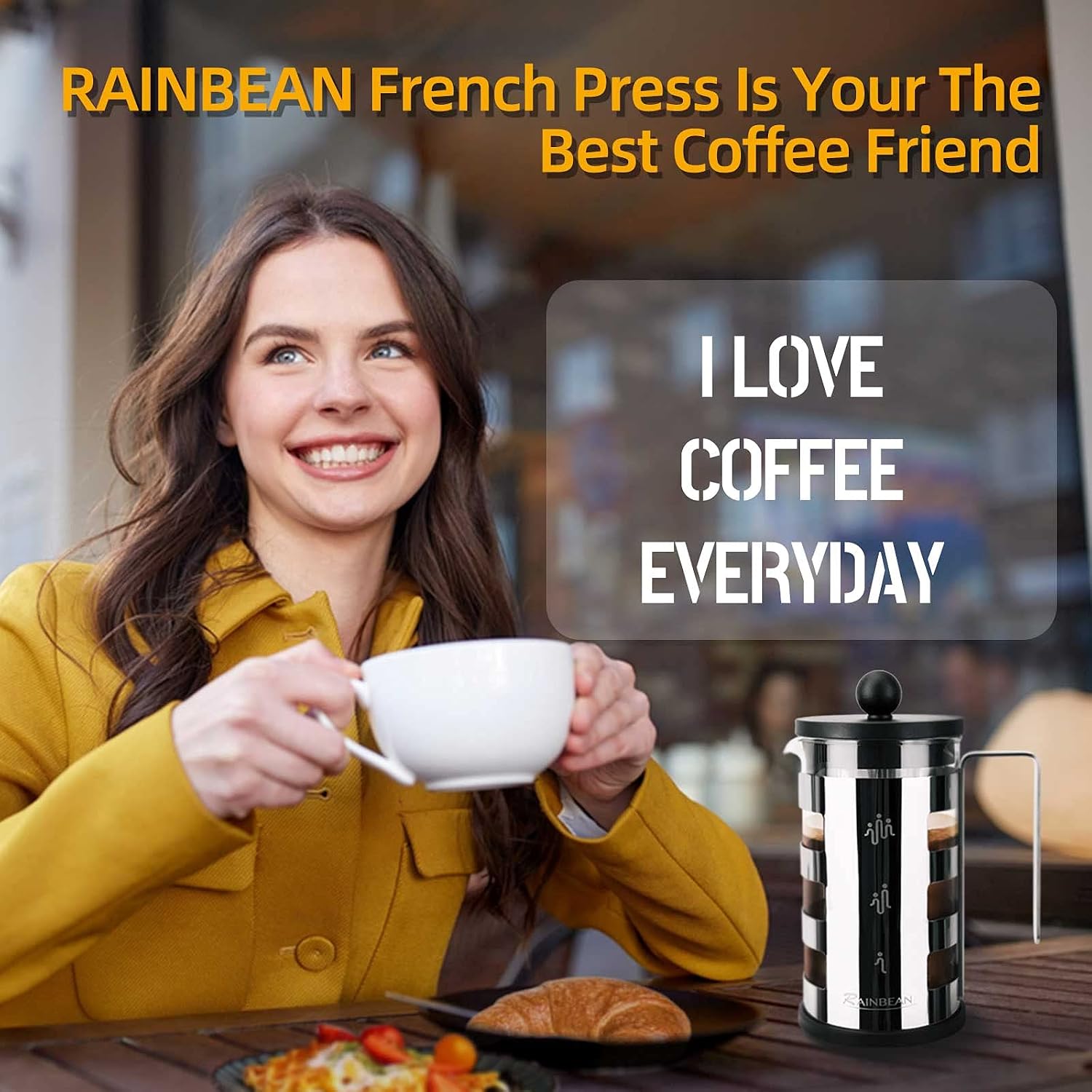 RAINBEAN French Press Coffee Maker 4 Cup, 21 oz Small Camping Coffee Press - Heat Resistant Glass - Brews Coffee Tea and Milk Froth, 600ml - Small (Silver, 21oz)