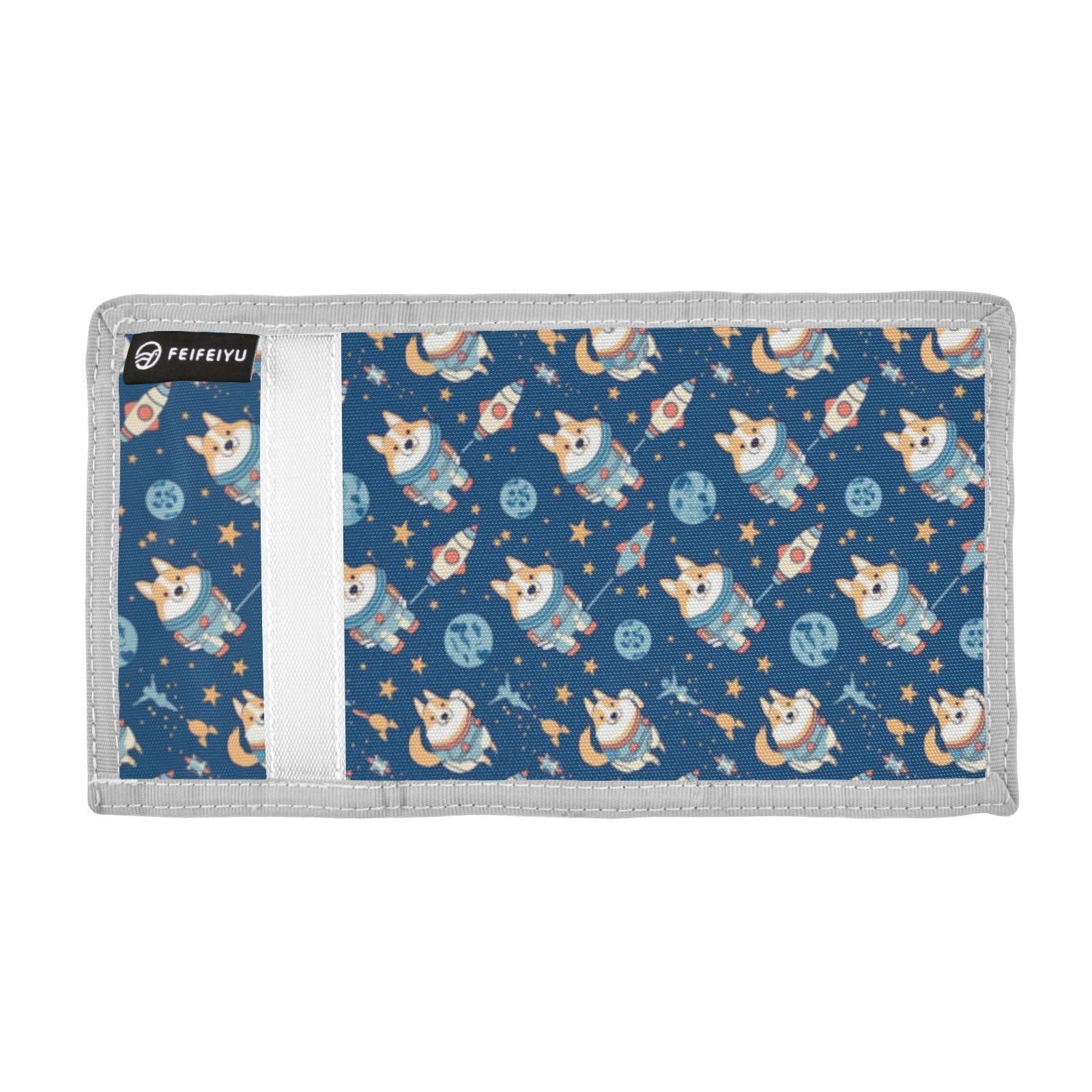 Wusikd Welsh Dog Astronaut Kids Wallet for Boys Girls Space Rocket Stars Toddler Trifold Wallet Novelty Wallet for Teens Women Men