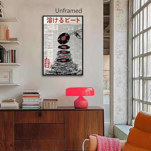 Miniatura 3 de XMQQLL Lienzo japonés para pared, disco de vinilo derretido, póster musical retro japonés hipster, estilo grunge asiático, decoración de pared para