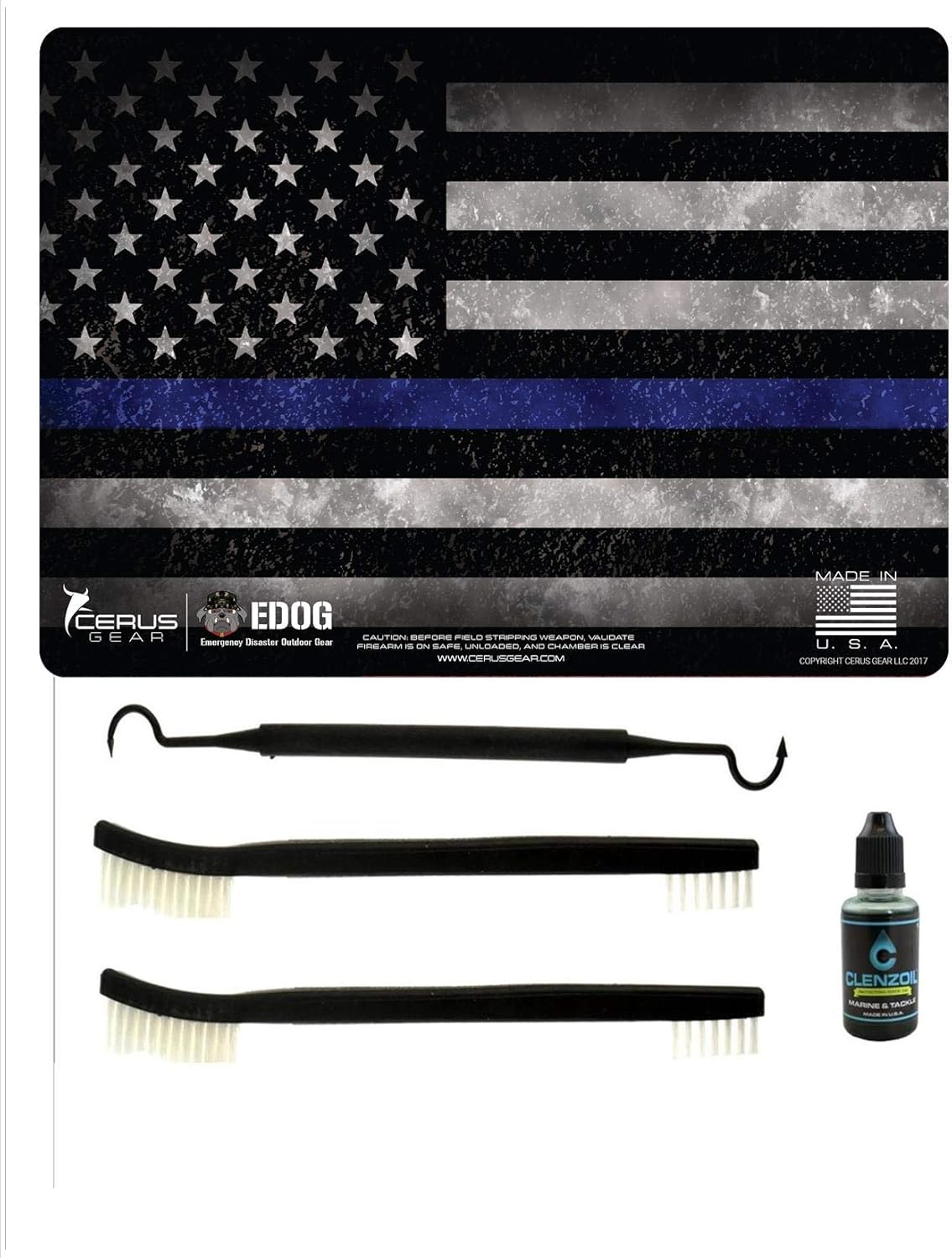 Police Thin Blue Line 5 PC EDOG Cerus Gear Heavy Duty Pistol Cleaning 12x17 Padded Gun-Work Surface Protector Mat Solvent & Oil Resistant & 3 PC Cleaning Essentials & Clenzoil, Made in the USA