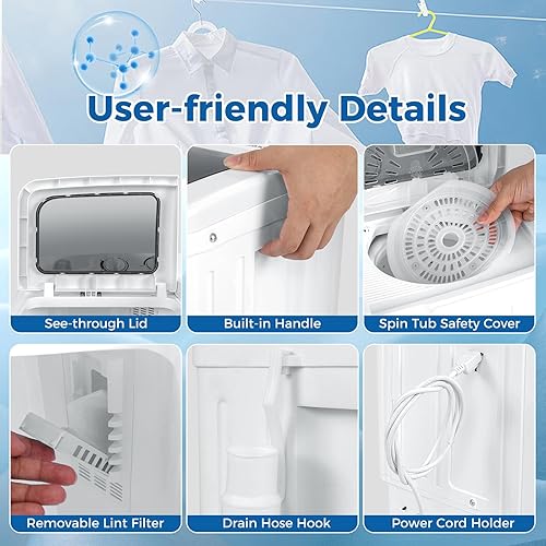 Miniatura 9 de COSTWAY Lavadora portátil, doble tina de 20 libras de capacidad, lavadora compacta de lavandería (12 libras) y giratoria (8 libras), diseño