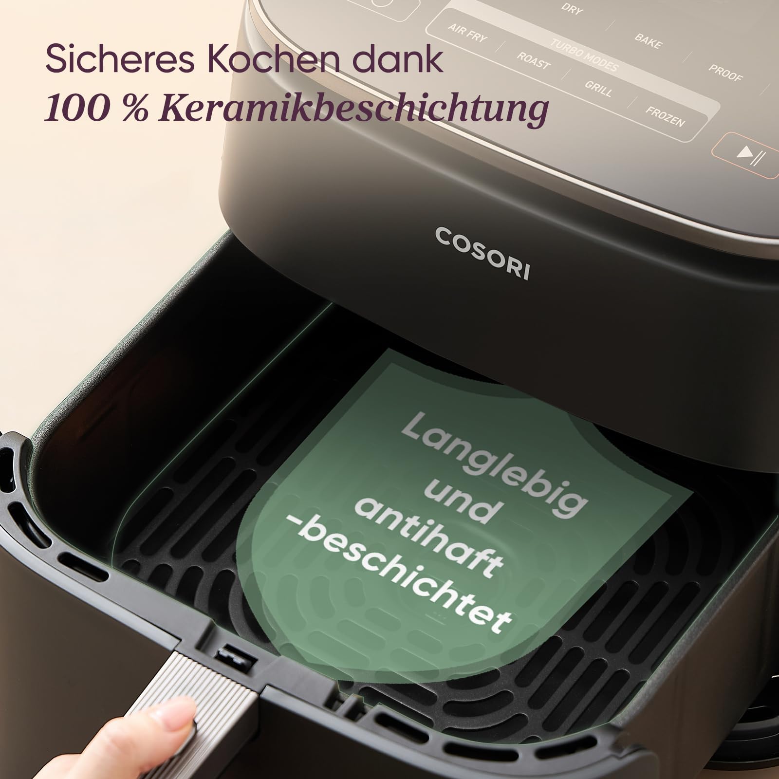 Cosori Turboblaze Airfryer mit Keramikbeschichtung, 9-in-1 Heißluftfritteuse, Backen, Grillen, Braten, Air Fryer XXL 6L, leiser DC Motor mit 5 Gebläsestufen, 87 Rezepte