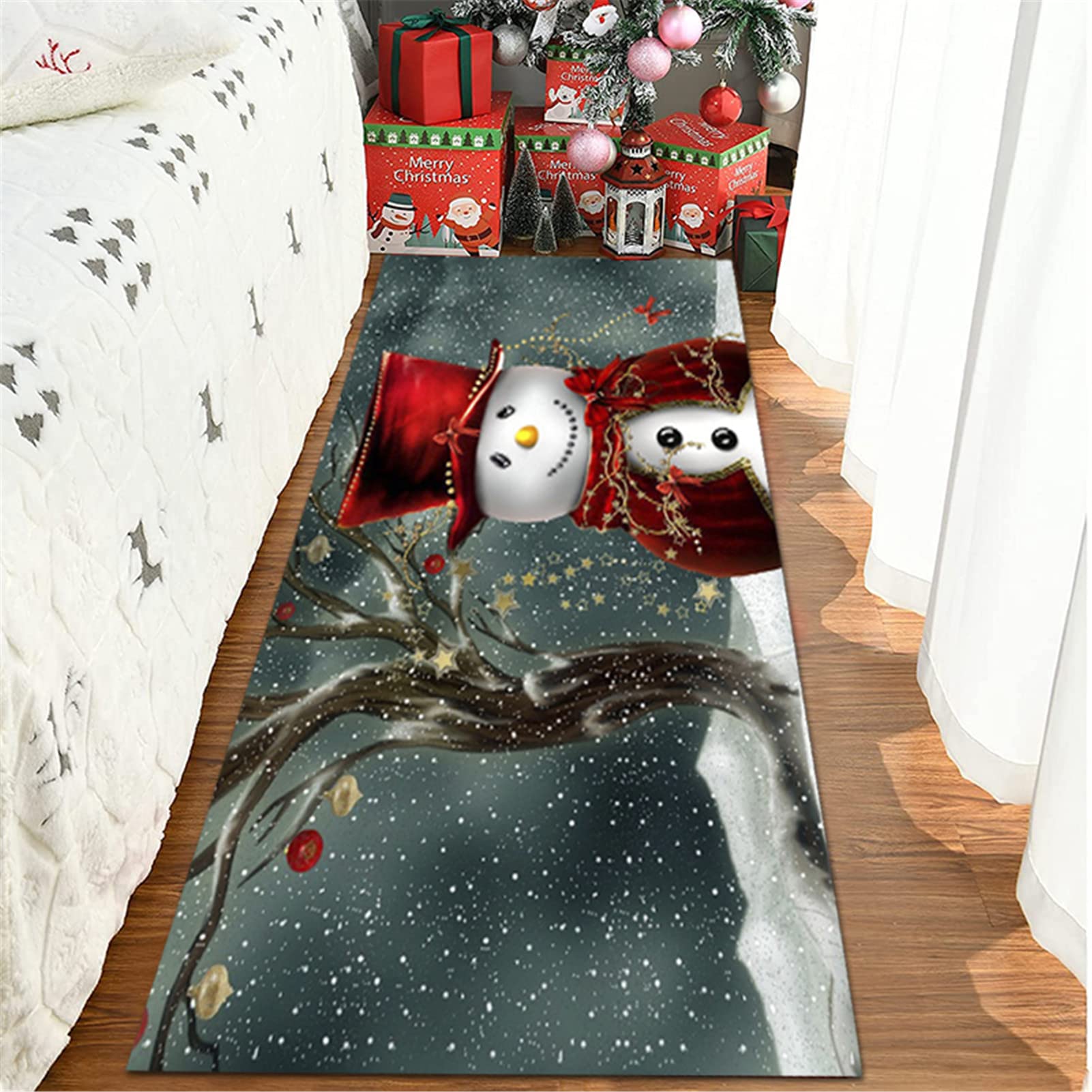 Alfombra Navidad, Lavable Felpudo Navideño De Poliéster Suave Alfombra De Cocina, Alfombrillas Antideslizantes con Patrón De Muñeco De Nieve Navideño, Decoración Navideña,10,60x180cm/23.6"x70.8"